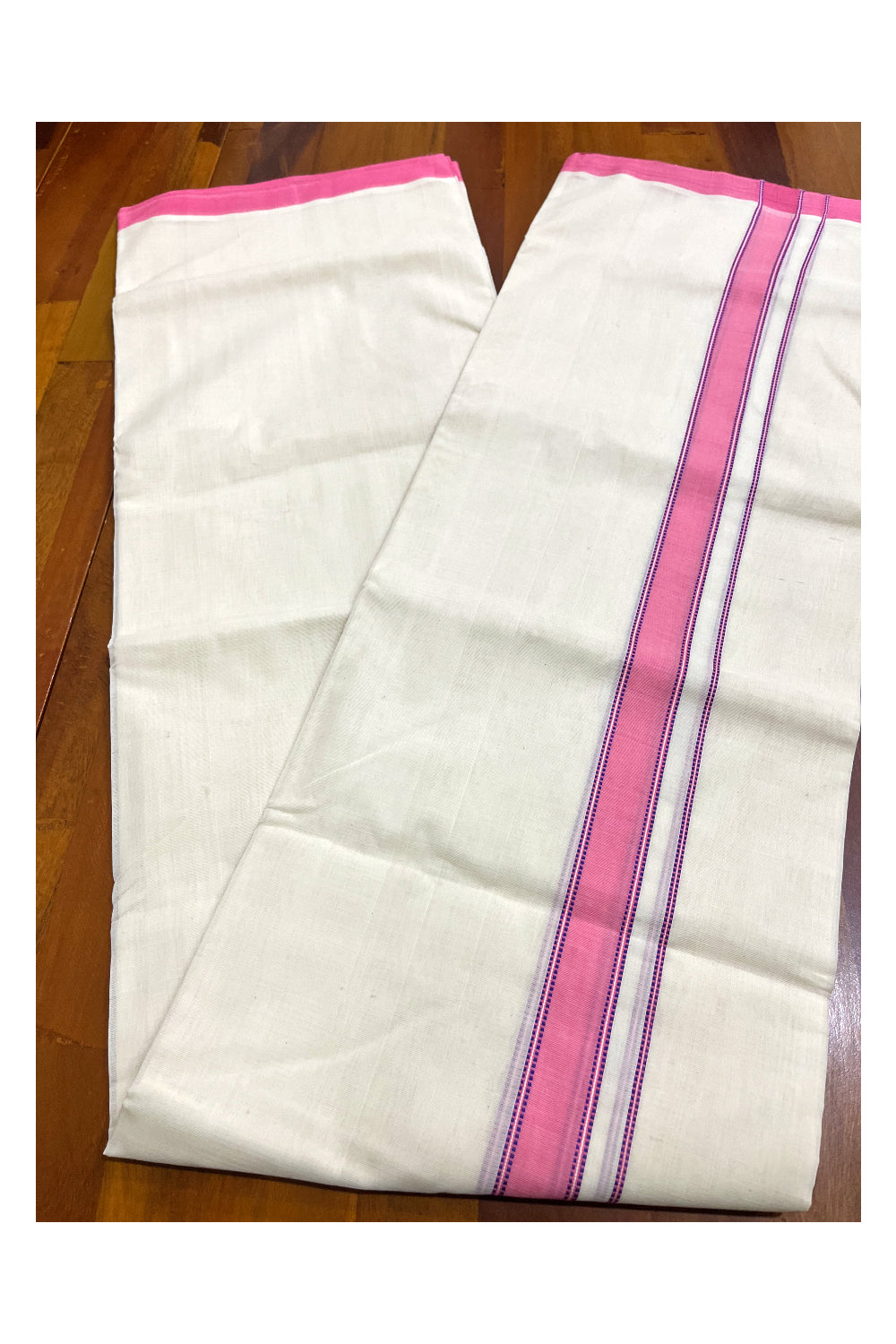 Premium Balaramapuram Handloom Unakkupaavu Cotton Double Mundu with Pink Border (Vishu 2024 Collection)