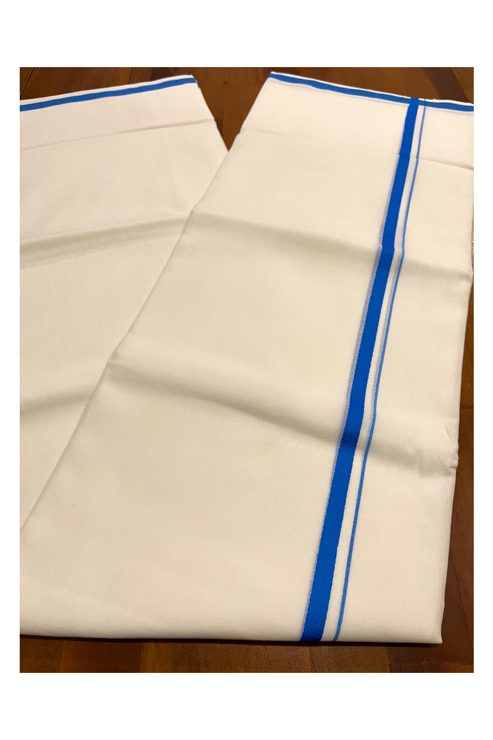 Pure White Cotton Double Mundu with Blue Border (South Indian Kerala Dhoti)