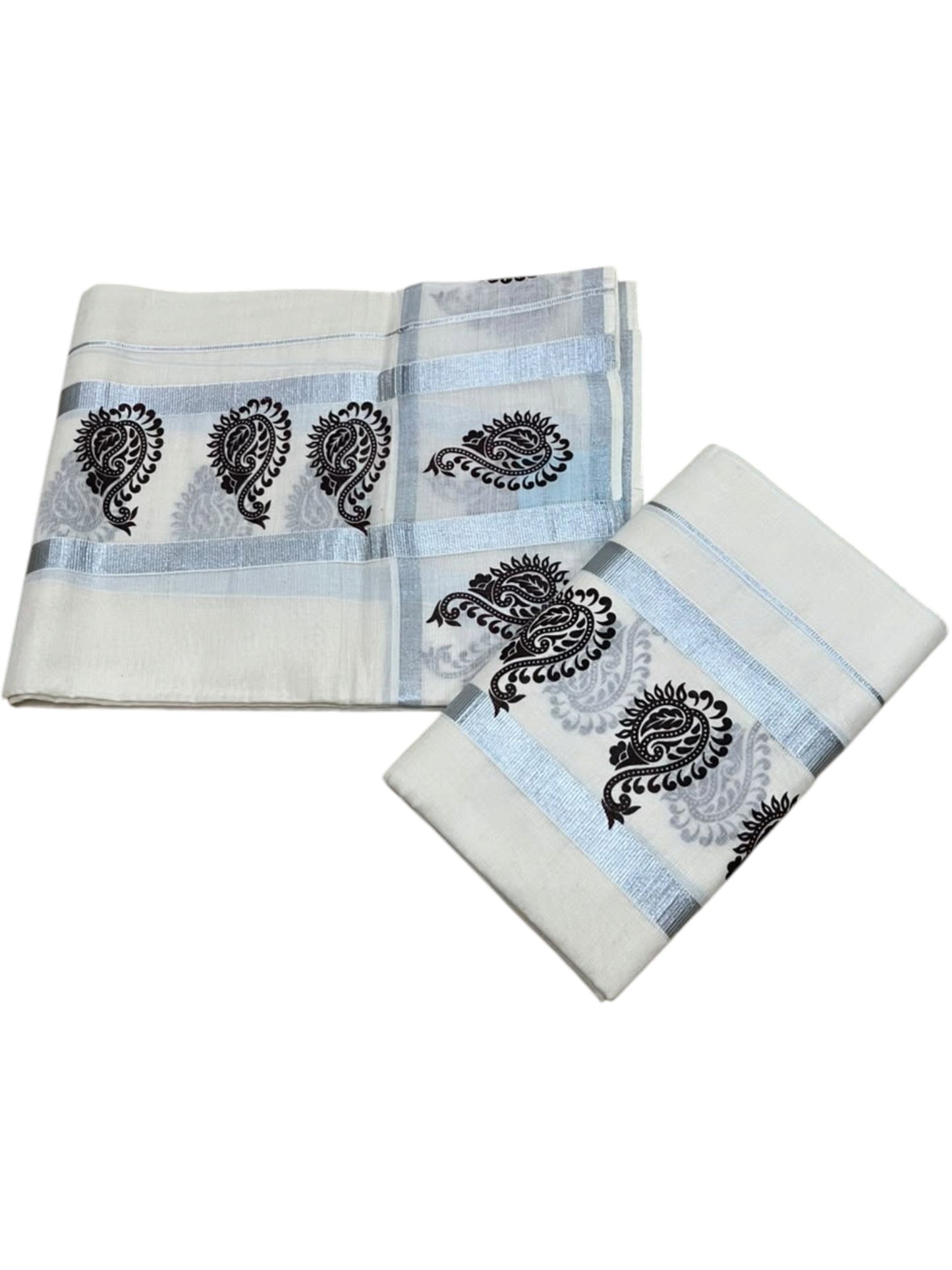 Southloom Kerala Pure Cotton Set Mundu Single (Mundum Neriyathum) with Silver & Black Border in 2.80 Mtrs SL570