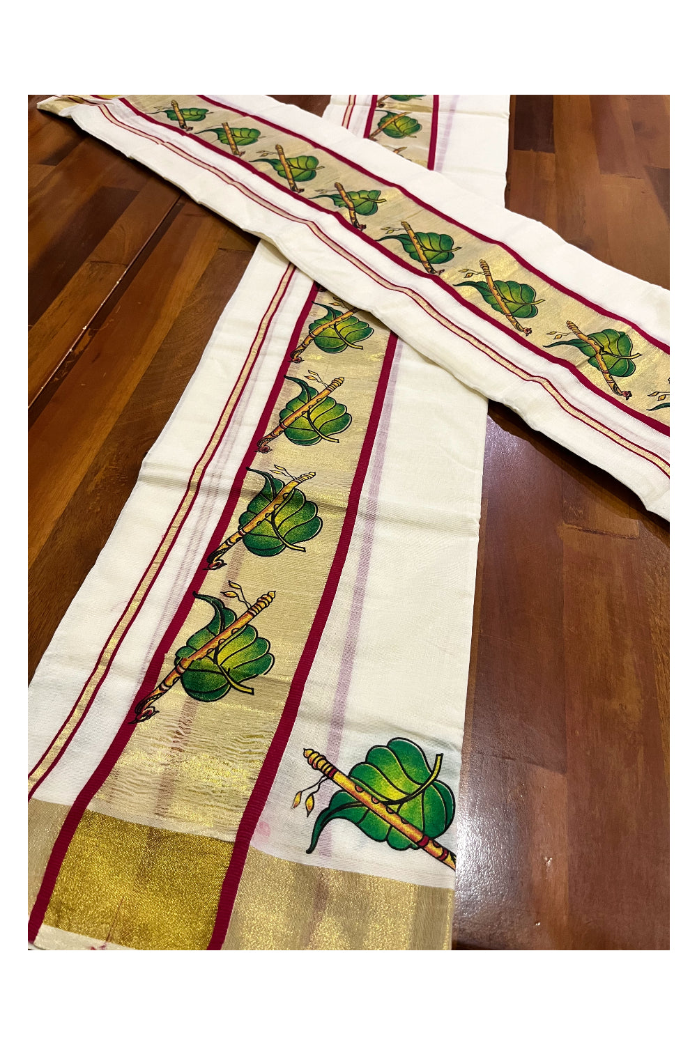 Kerala Cotton Single Set Mundu (Mundum Neriyathum) with Leaf and Flute Block Prints on Kasavu Maroon Border