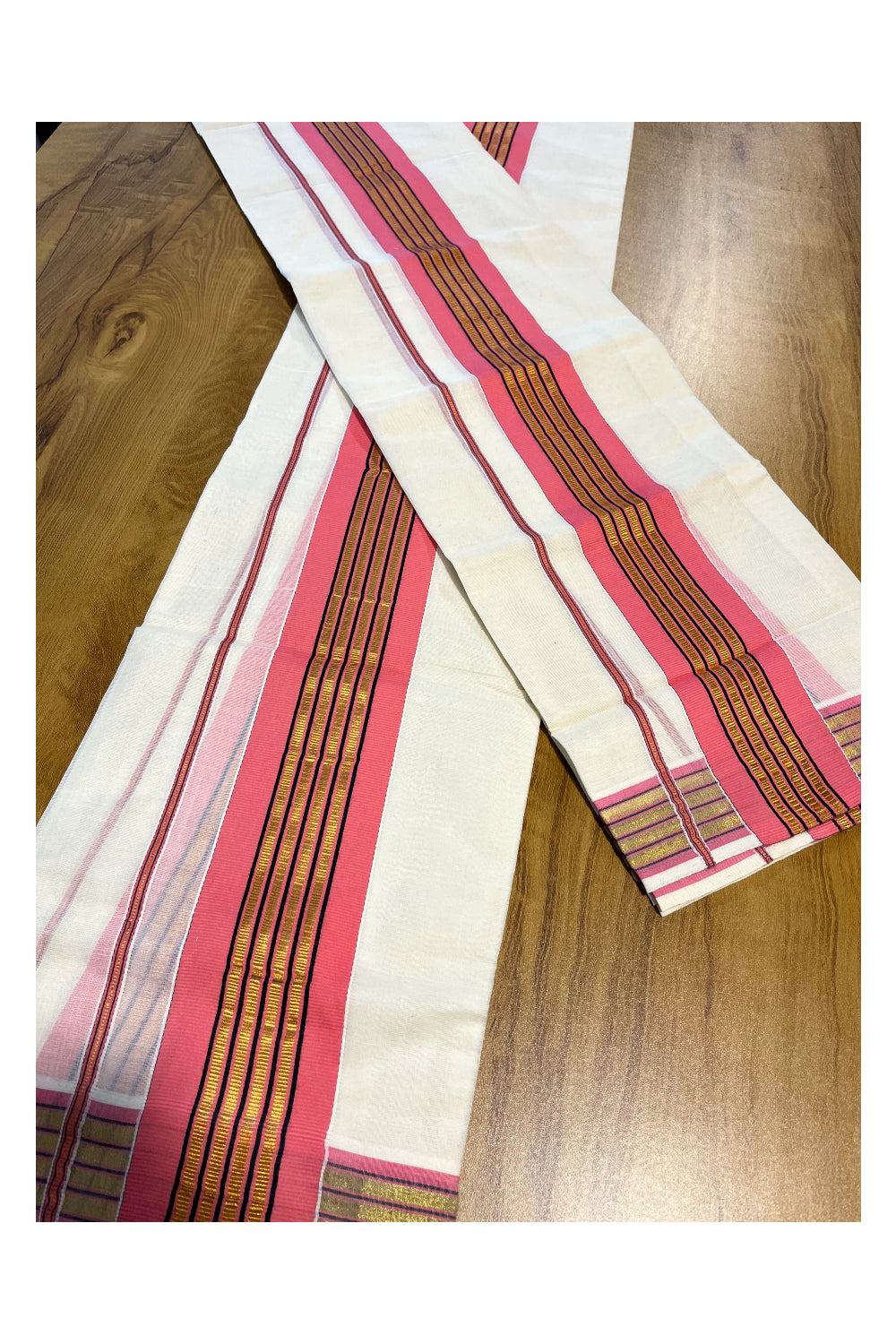 Kerala Cotton Set Mundu (Mundum Neriyathum) with Kasavu and Pink Border