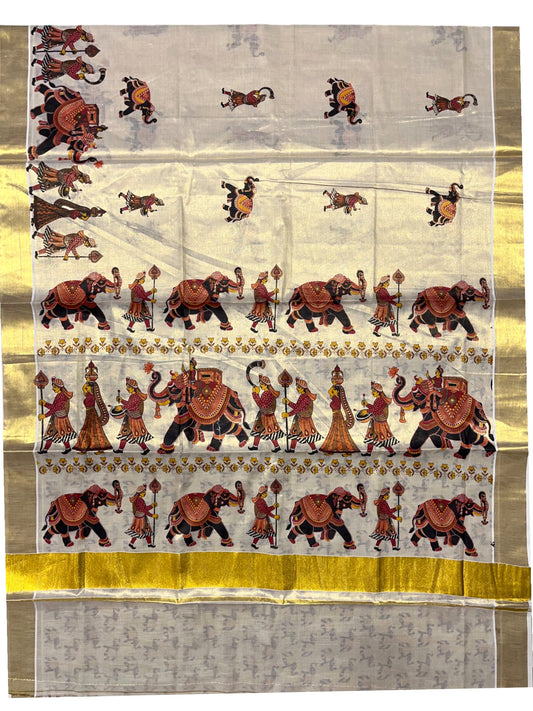 Southloom Kerala Tissue Kasavu Saree With Mural Festival Parasol and Elephant Design
