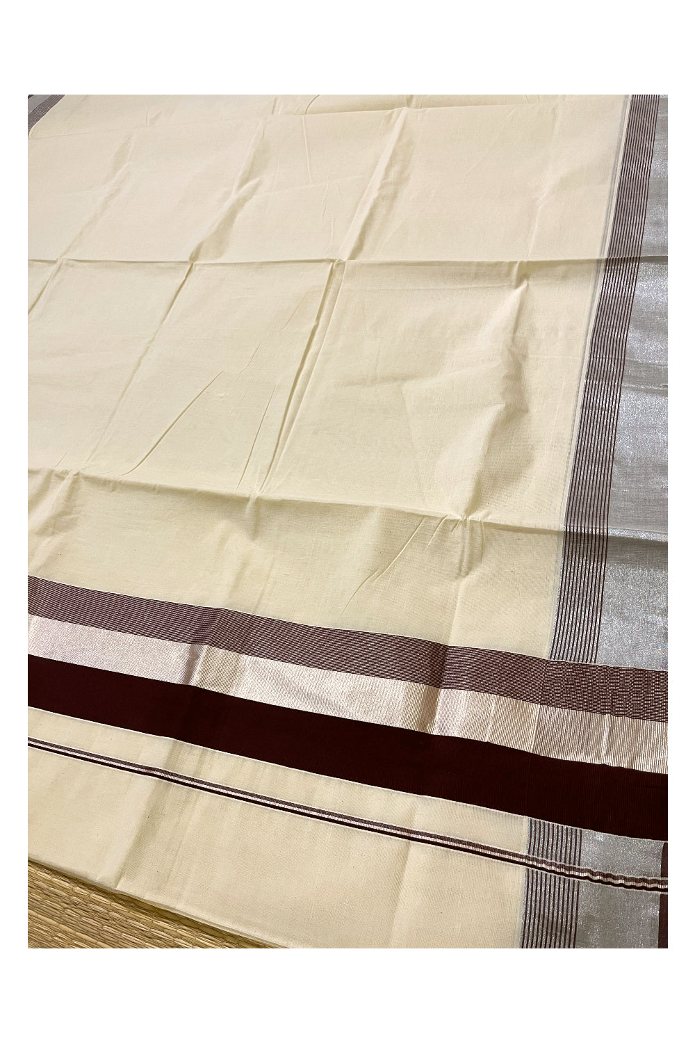 Kerala Pure Cotton Plain Saree with Silver Kasavu and Brown Border