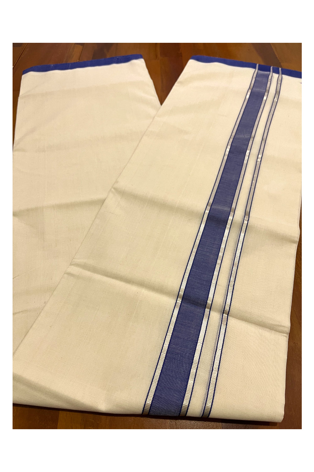 Southloom Premium Balaramapuram Unakkupaavu Handloom Mundu with Blue and Silver Kasavu Border (South Indian Kerala Dhoti)