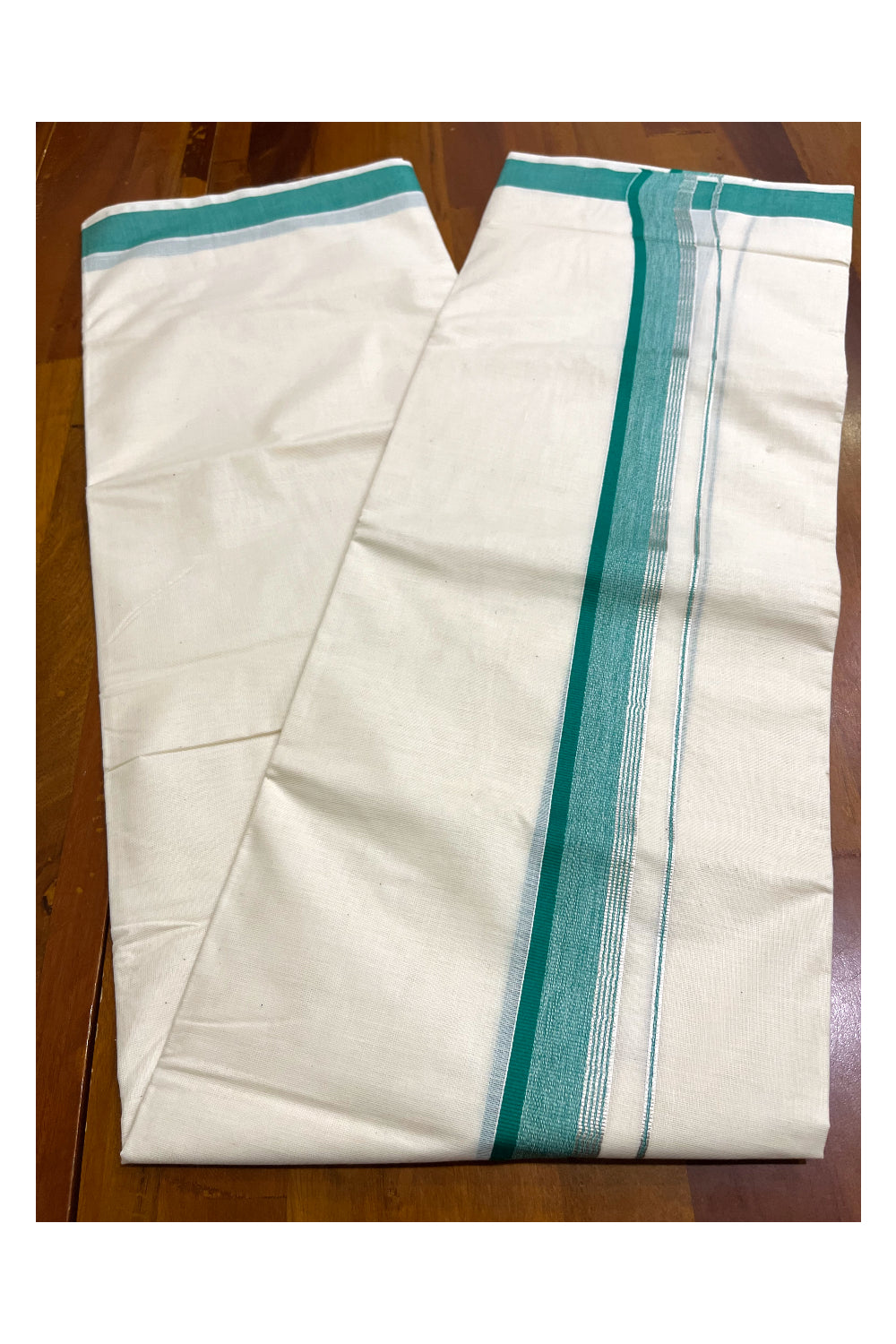 Kerala Pure Cotton Double Mundu with Green and Silver Kasavu Line Border (South Indian Kerala Dhoti)