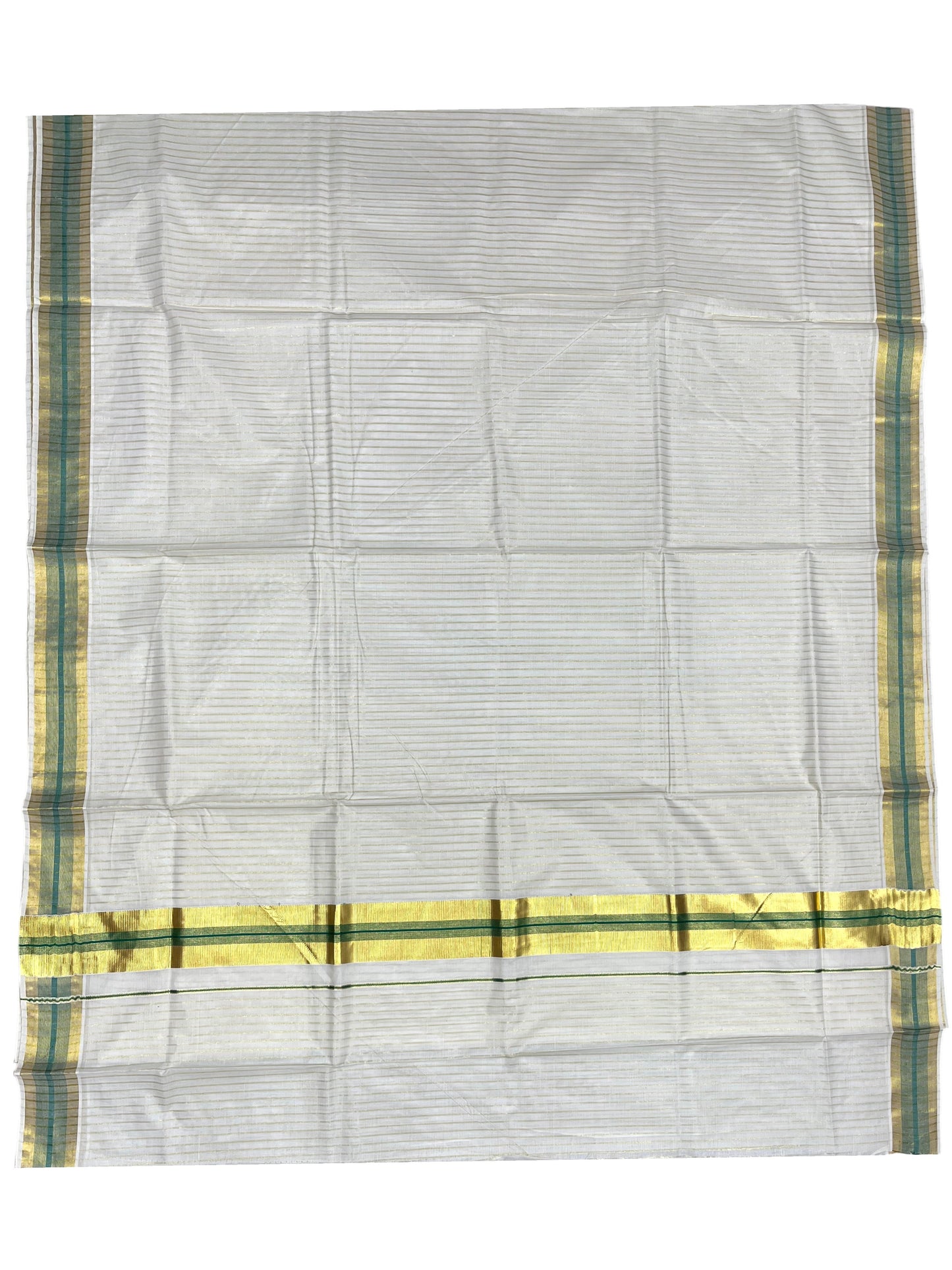 Southloom Pure Cotton Kerala Kasavu Lines Design Saree with Green Border