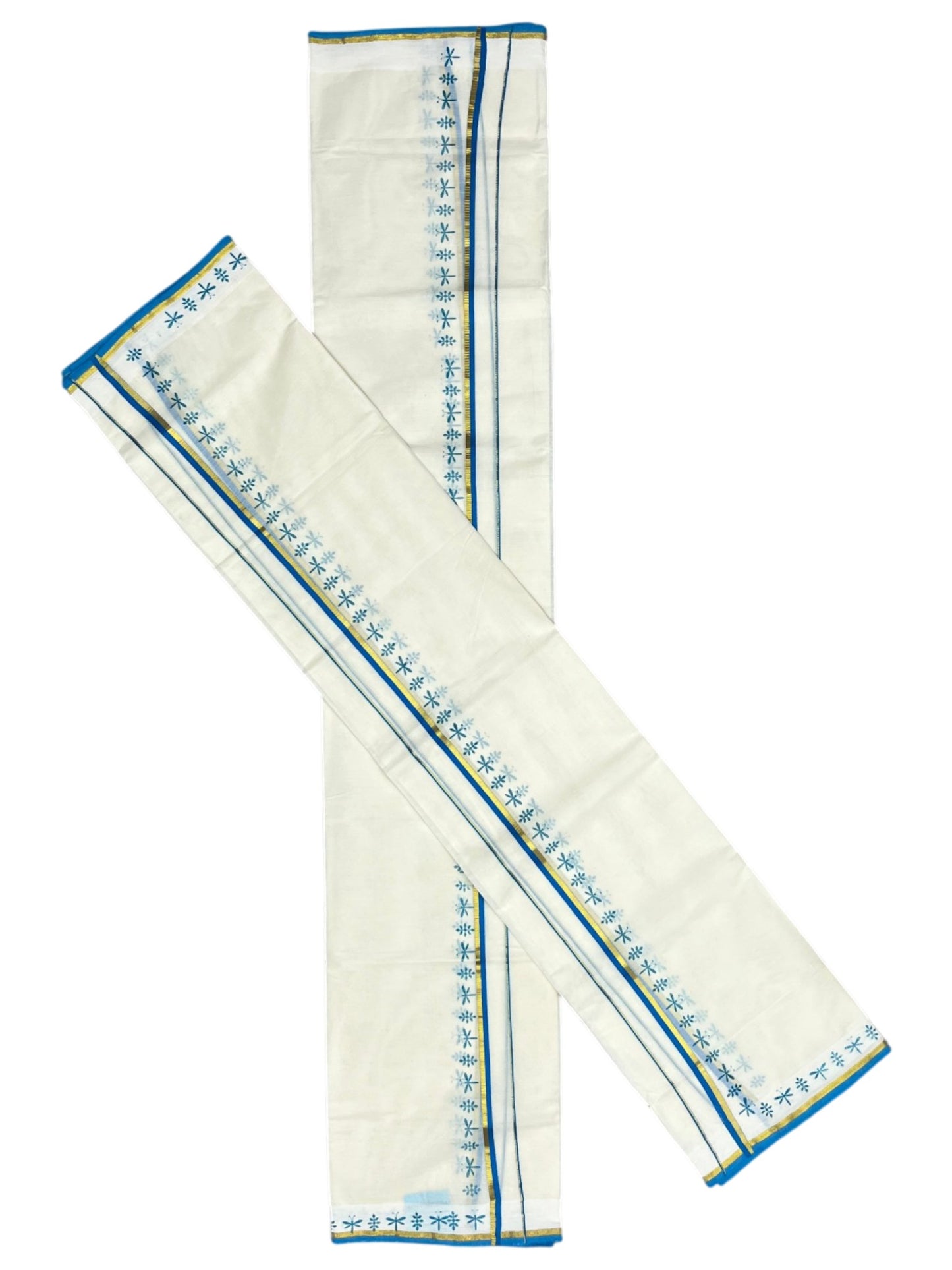Southloom Pure Cotton Kerala Set Mundu (Mundum Neriyathum) Blue Border in 2.80 mtrs
