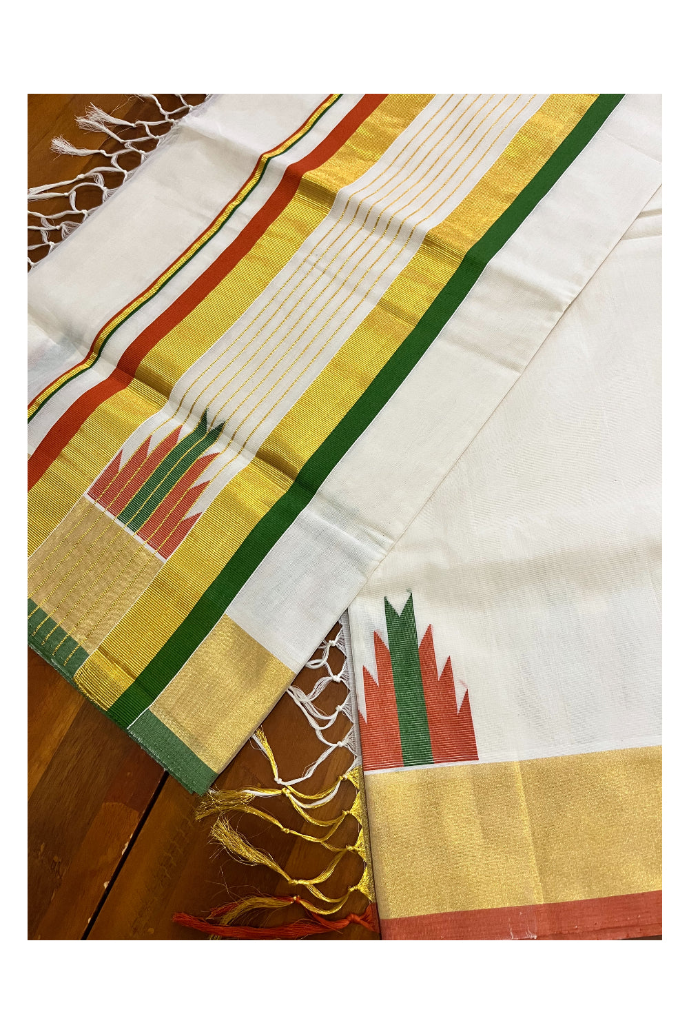 Southloom™ Premium Handloom Cotton Kasavu Saree with Orange Olive Green Temple Woven Border and Stripes Work on Pallu