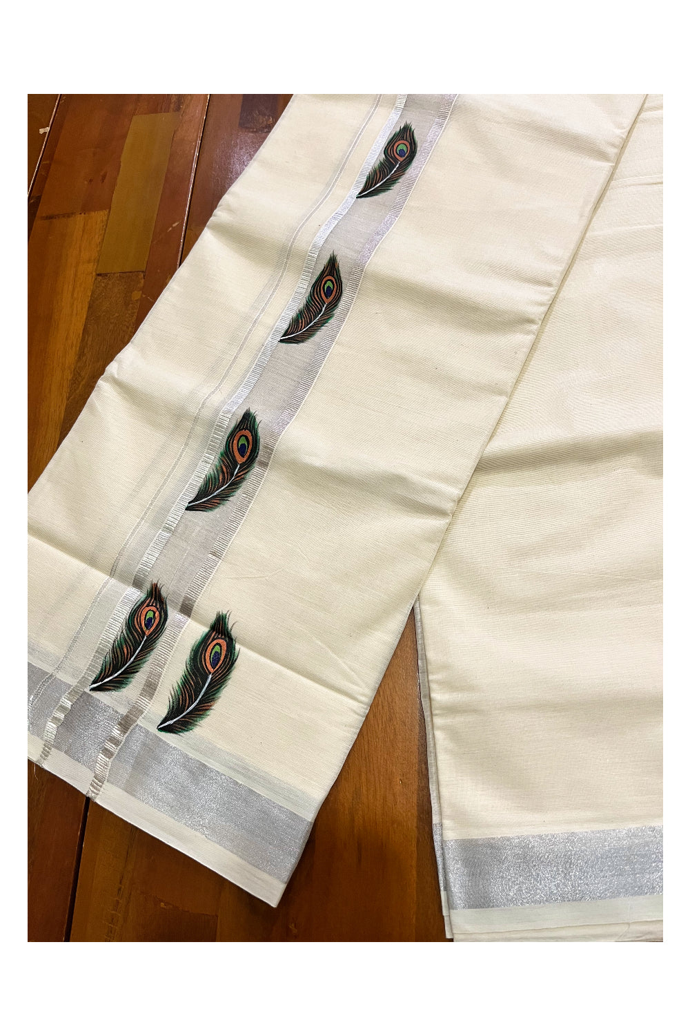 Pure Cotton Kerala Double Mundu with Silver Kasavu Hand Painted Design Border (South Indian Kerala Dhoti)