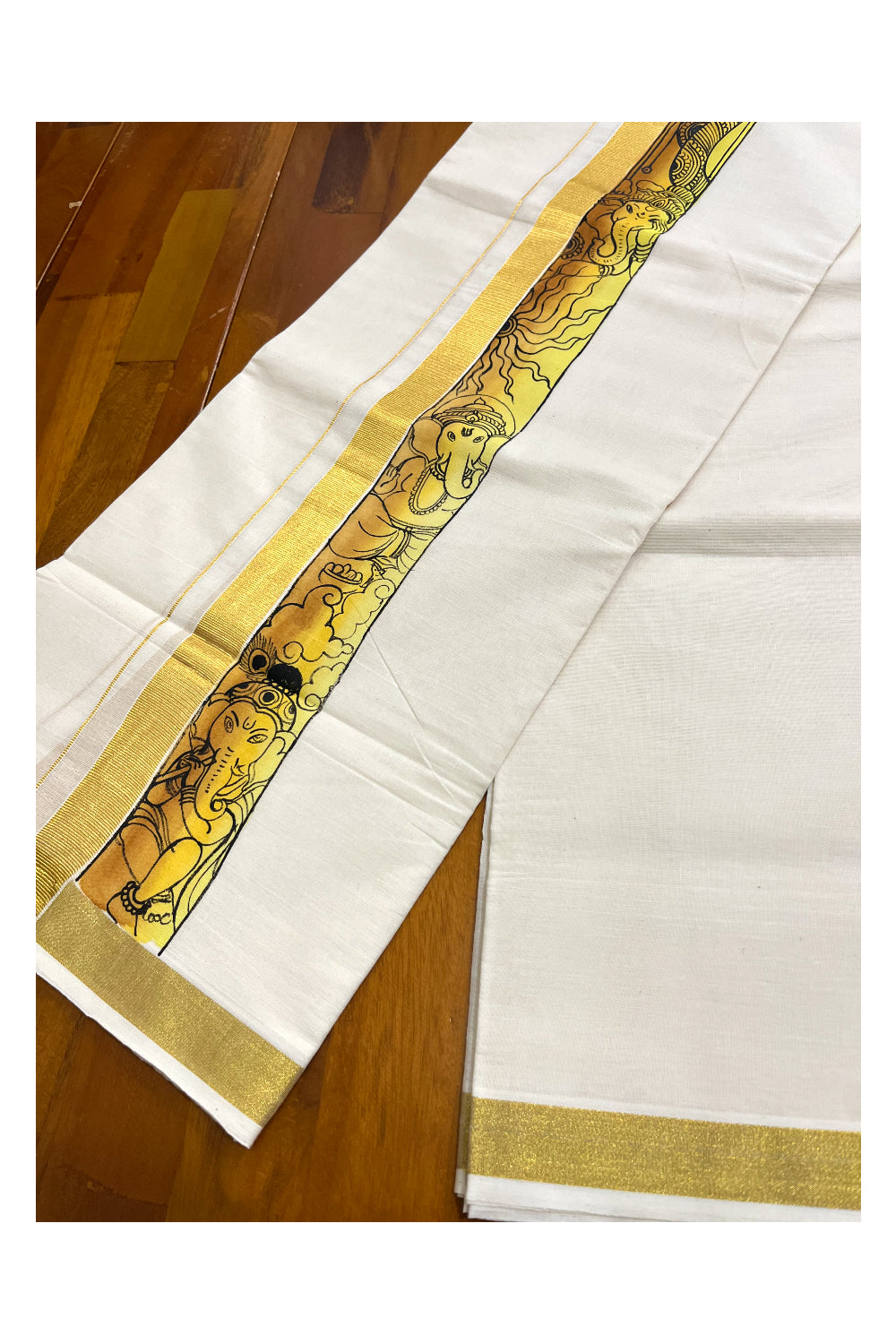 Kerala Pure Cotton Double Mundu with Ganesha Mural Hand Painted Design on Kasavu Border (South Indian Kerala Dhoti)