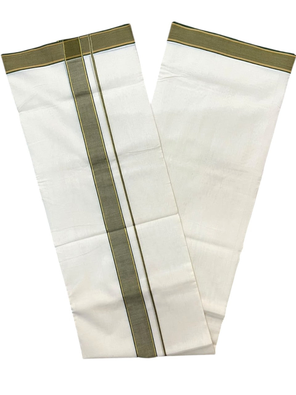 Southloom Balaramapuram Unakkupaavu Premium Handloom Cotton Double Mundu with Gold Kasavu and Green Border
