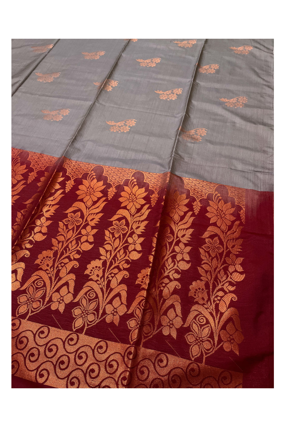 Southloom Soft Silk Gray Designer Woven Saree with Maroon Heavy Work on Pallu