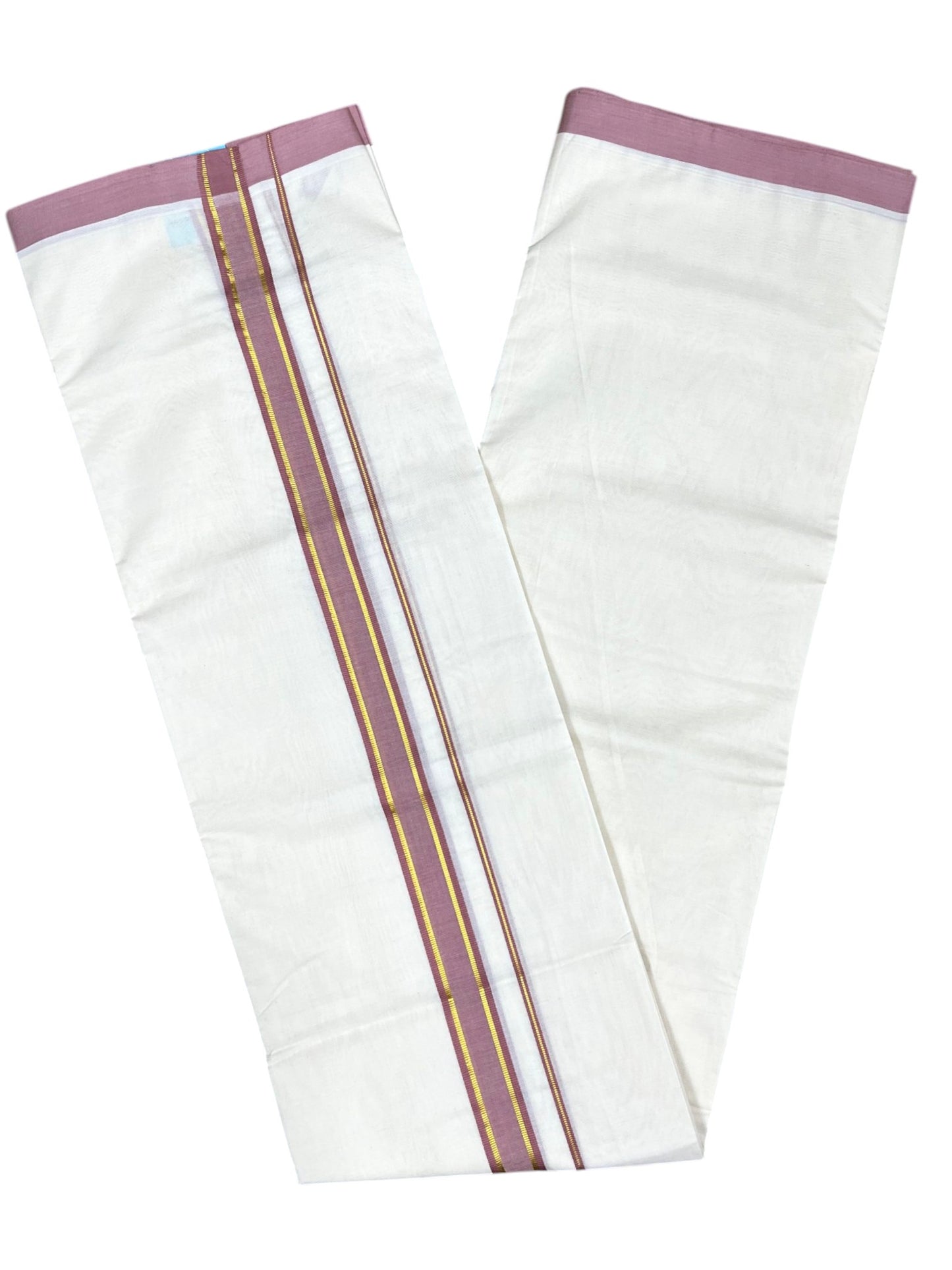 Southloom Pure Cotton Mundu with Gold Lines and Light Brown Border (South Indian Kerala Dhoti)