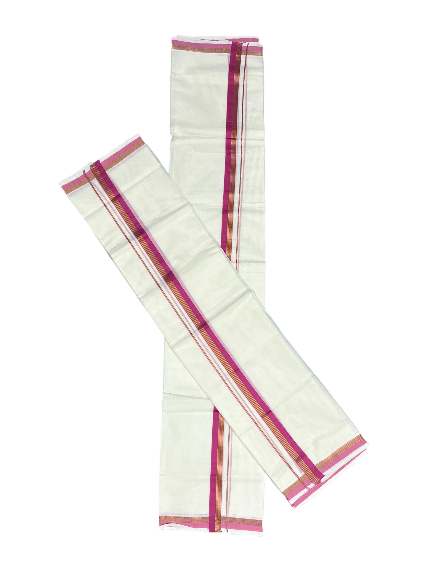 Pure Cotton Kerala Single Set Mundu (Mundum Neriyathum) with Pink Kasavu Border in 2.80 Mtrs