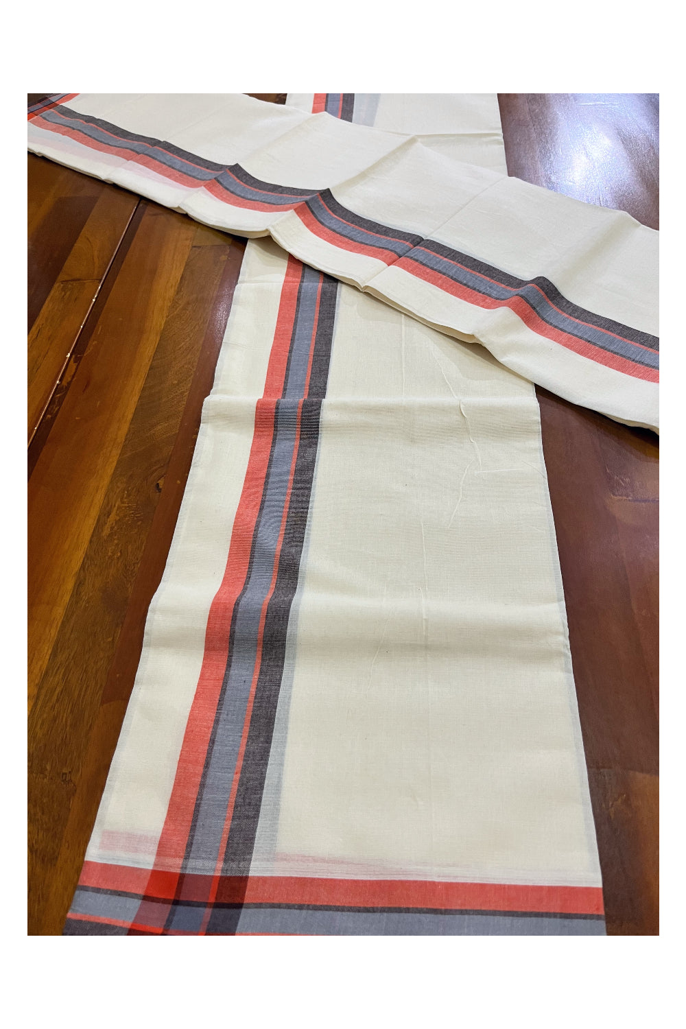 Kerala Cotton Mulloth Mundum Neriyathum Single (Set Mundu) with Brown Orange Border (Extra Soft Cotton) 2.80 Mtrs