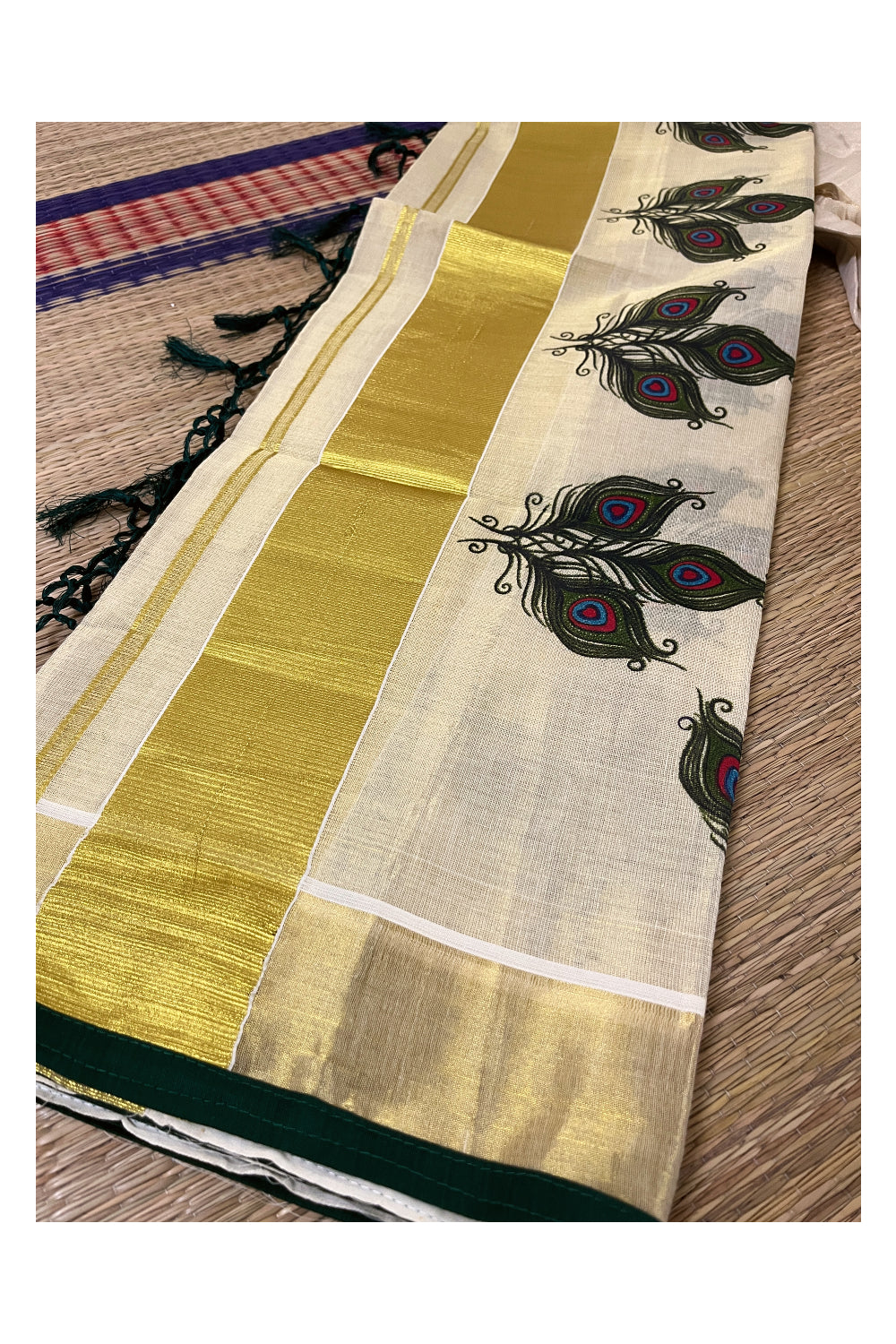 Semi Stitched Dhavani Set with Tissue Block Print Design Pavada and Dark Green Bead Work Blouse Piece