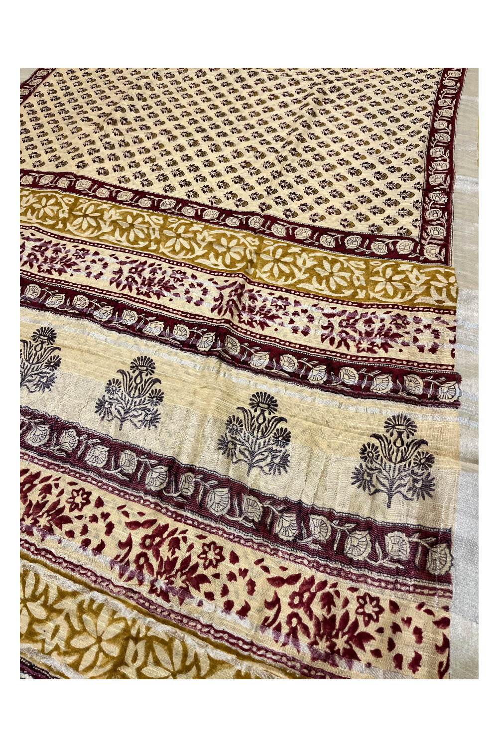 Southloom Linen Light Brown Designer Saree with Floral Prints