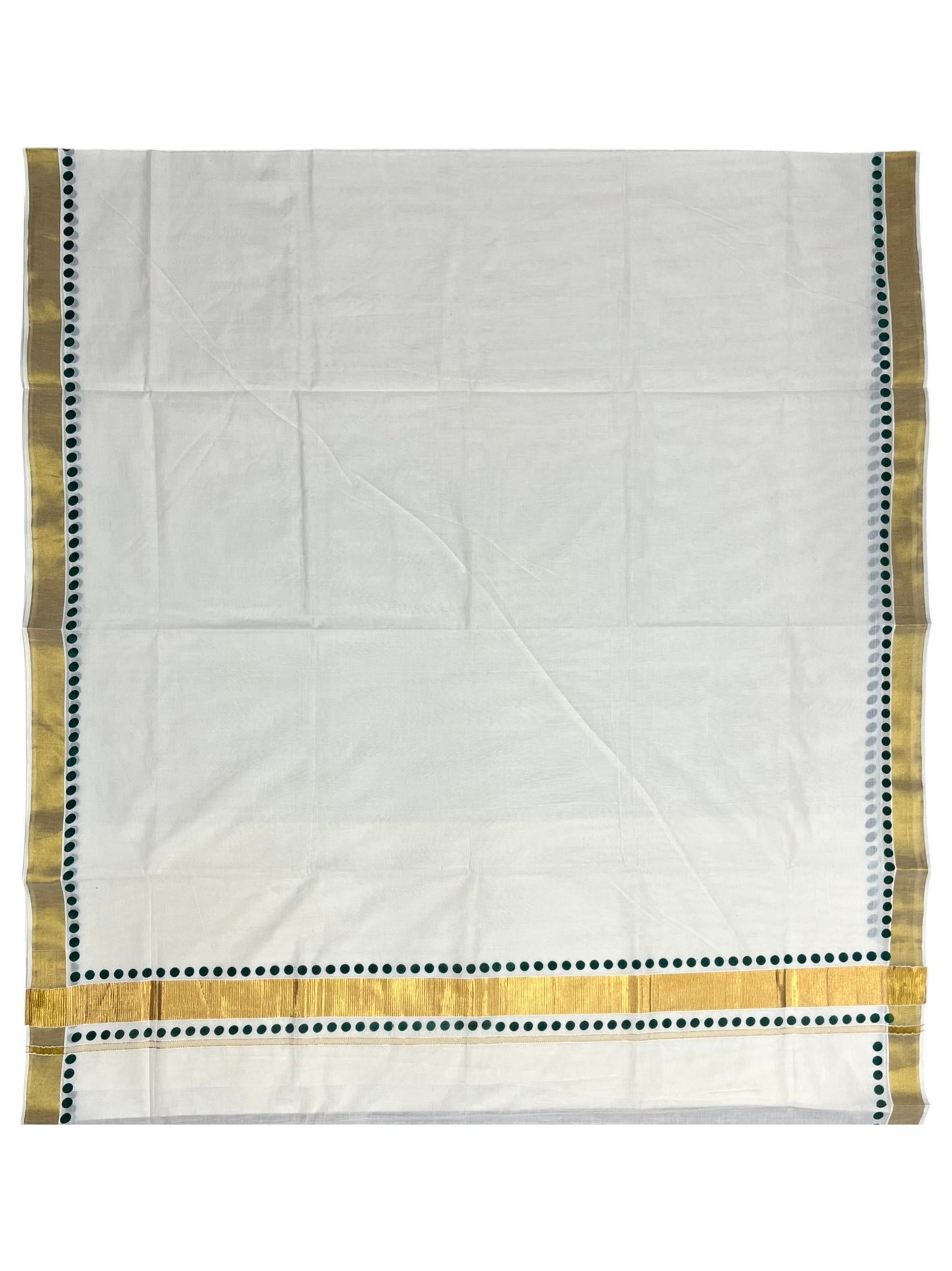 Southloom Cotton Kerala Kasavu Saree with Green Polk Dots Design Border