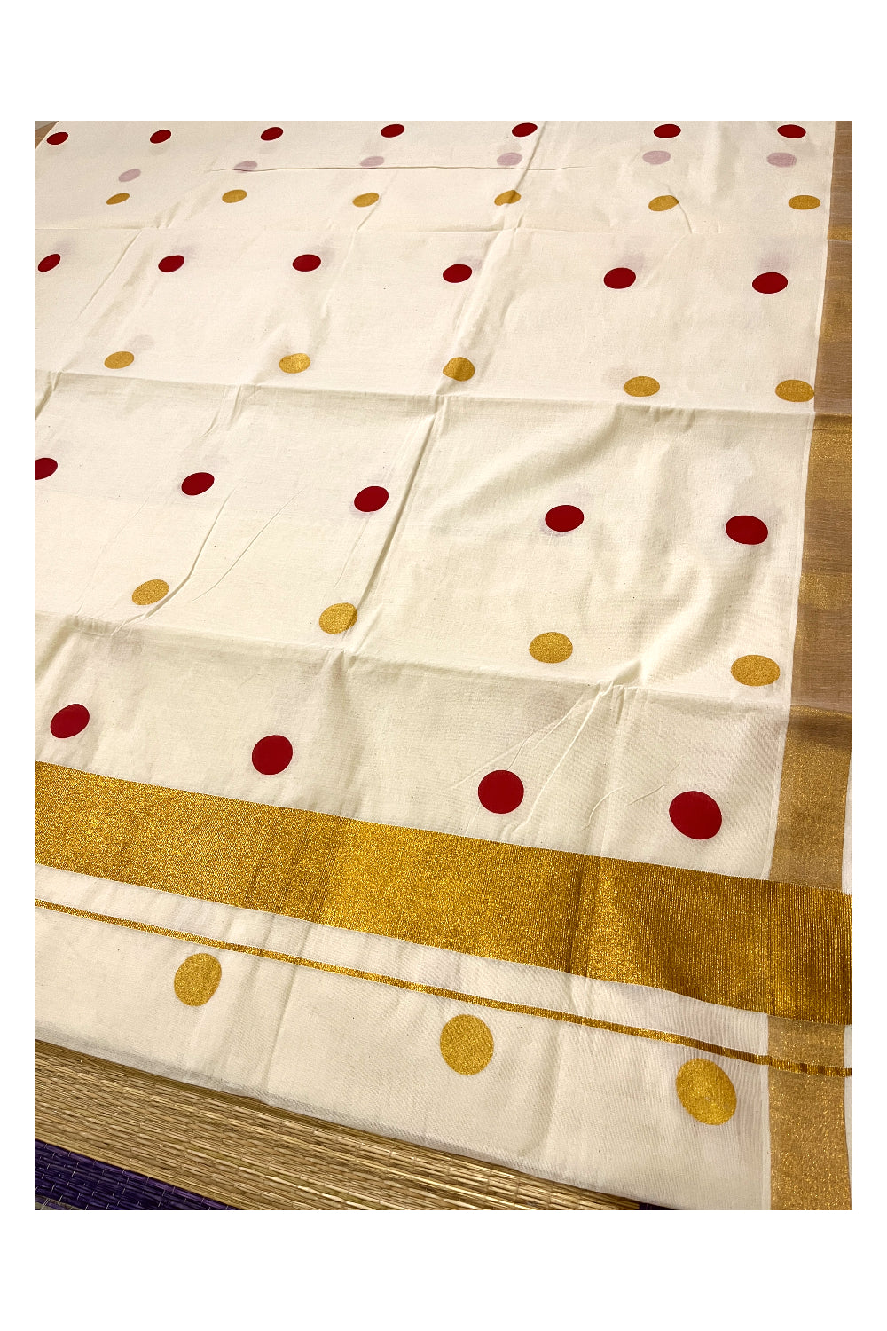 Pure Cotton Off White Kerala Kasavu Saree with Red and Golden Polka Block Printed Design