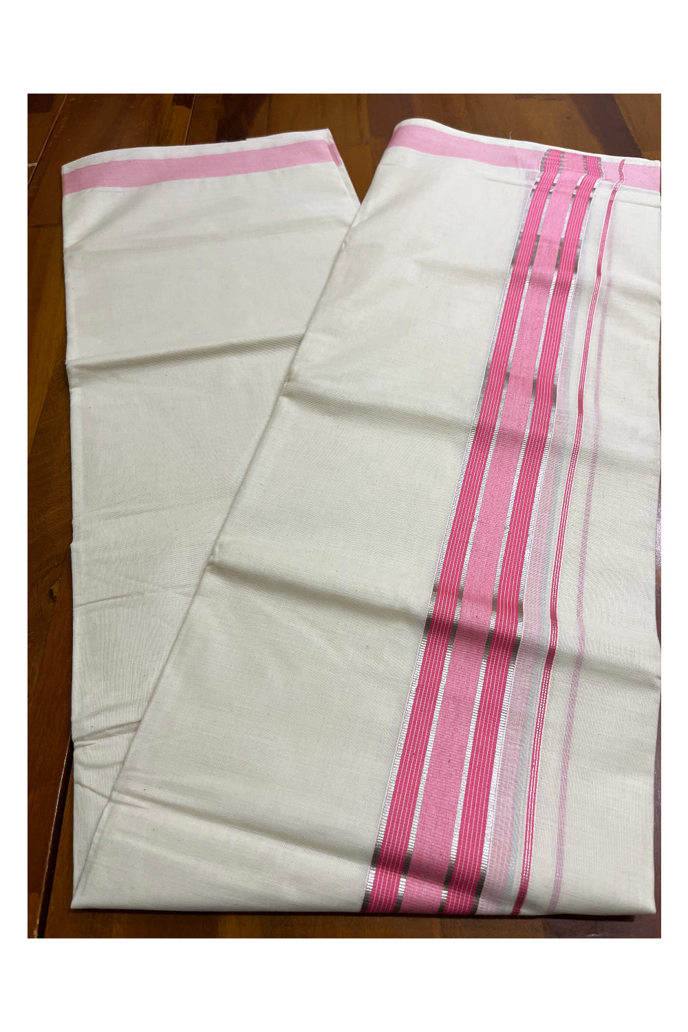 Off White Pure Cotton Double Mundu with Silver Kasavu Lines and Pink Border (South Indian Dhoti)