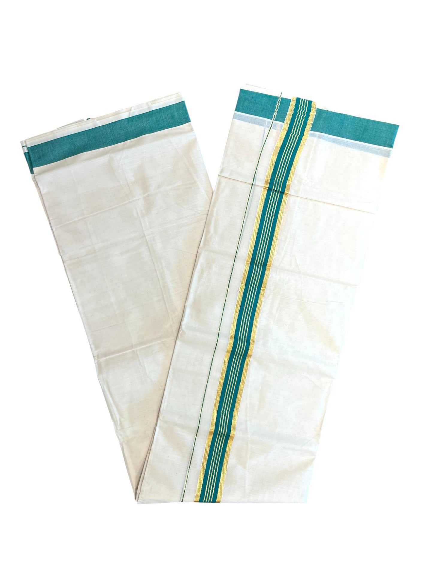 Southloom Kerala Pure Cotton Double Mundu with Gold Lines & Green Border (South Indian Dhoti)
