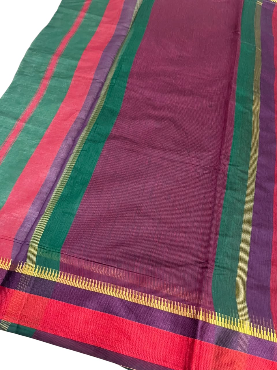 Southloom Maheshwari Cotton Saree With Temple Design on the Body and Borders In Maroon And Voilet SL471