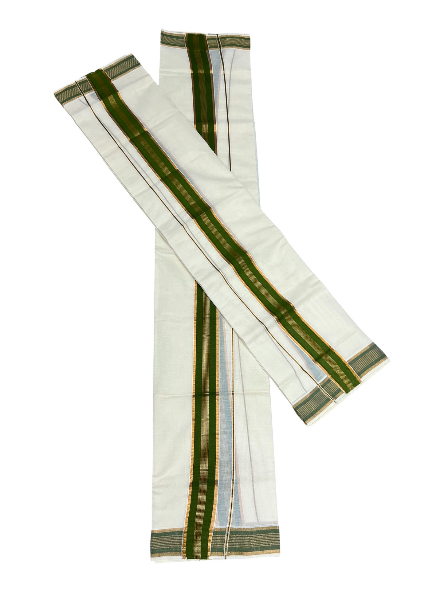 Kerala Cotton Kasavu  Set Mundu (Mundum Neriyathum) with Green Border in 2.80 Mtrs