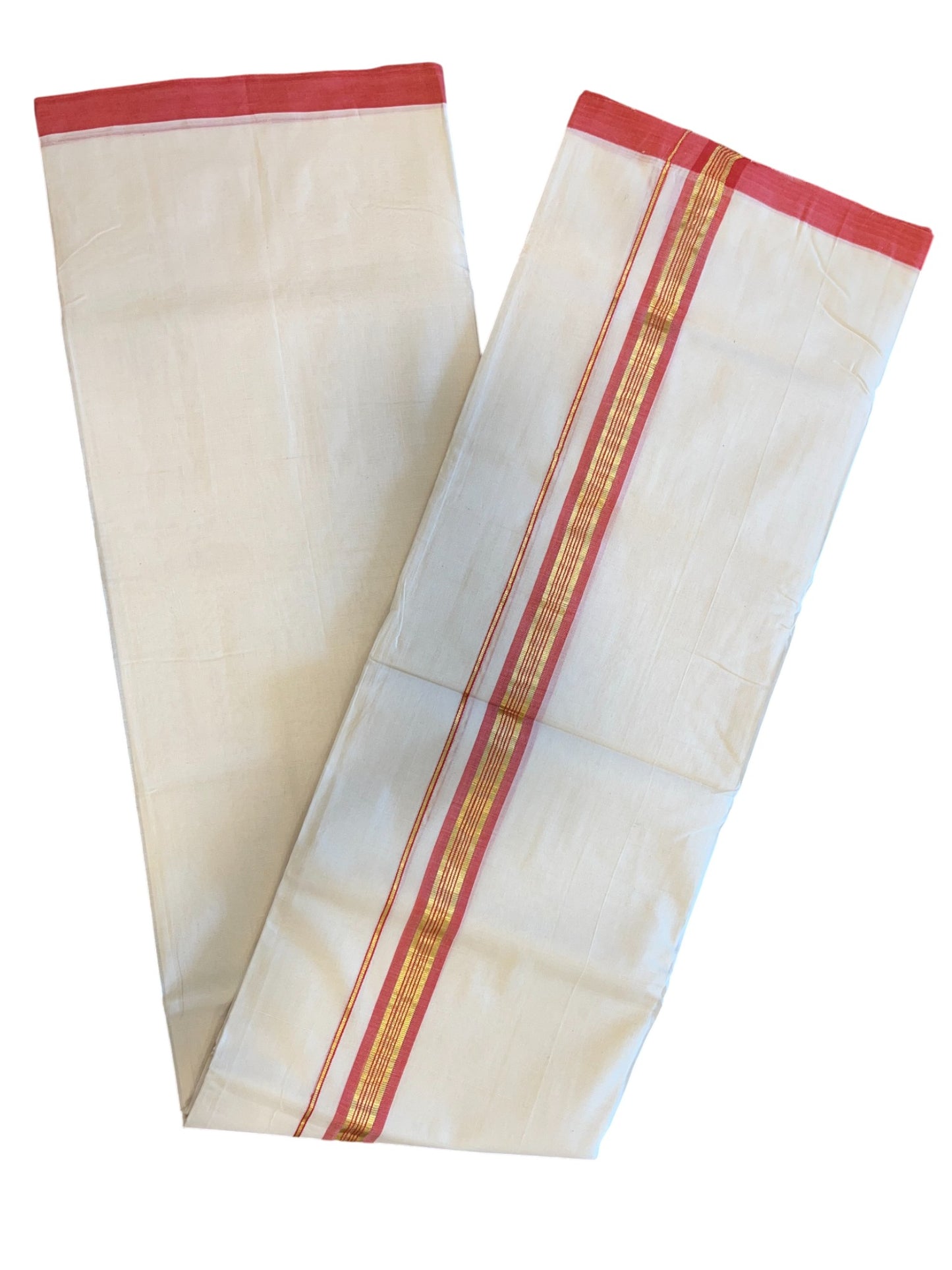 Southloom Premium Handloom Cotton Double Mundu with Gold and Red Border