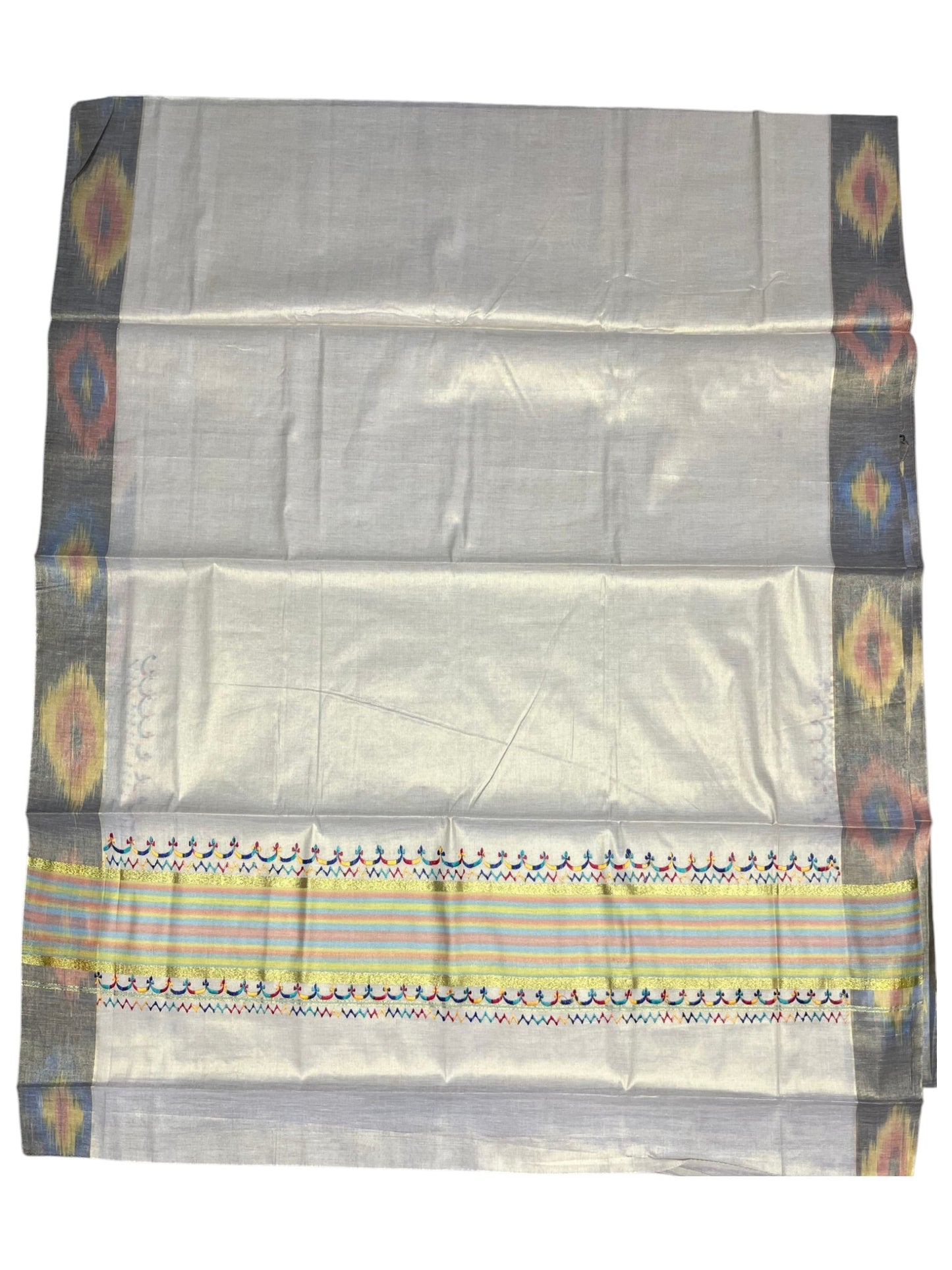 Southloom Kerala Tissue Kasavu Saree with Multi Colour Pochampally Design on Borders and Kara