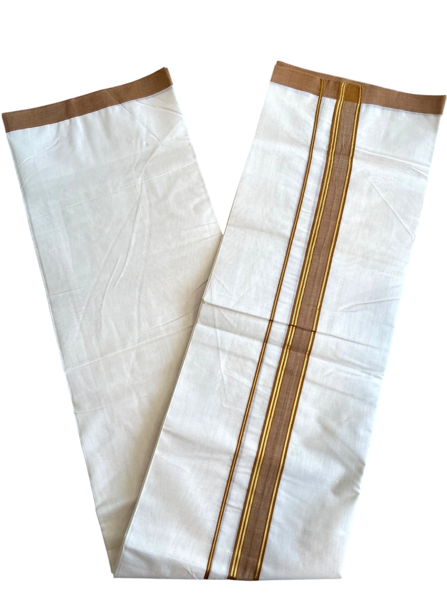Southloom Pure Cotton Mundu with Golden Lines and Brown Border (South Indian Kerala Dhoti)