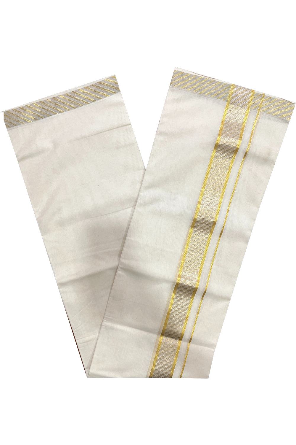 Southloom Premium Balaramapuram Wedding Handloom Mundu with Golden and Silver Kasavu Woven Design Border (South Indian Kerala Dhoti)