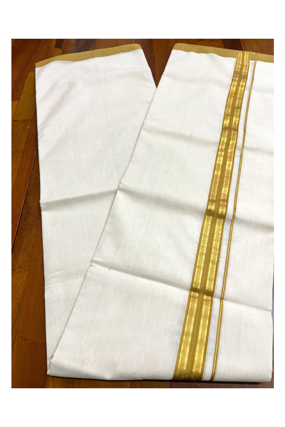 Premium Balaramapuram Handloom Unakkupaavu Cotton Double Mundu with Kasavu and Brown Border (Vishu 2024 Collection)