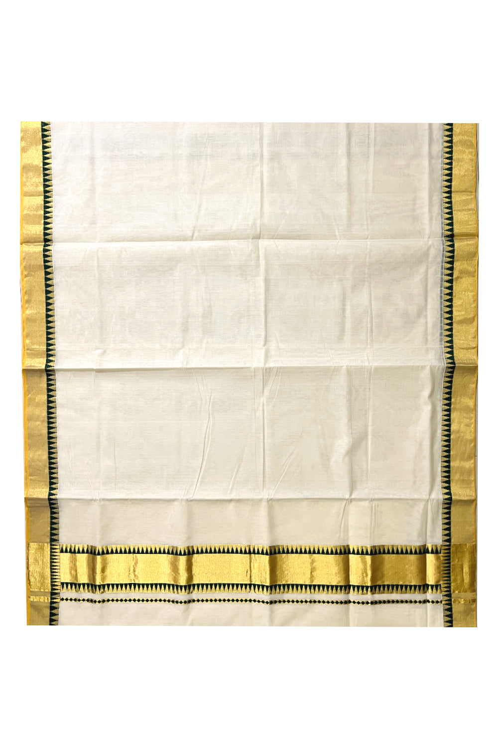 Southloom™ Premium Balaramapuram Handloom Cotton Kasavu Saree with Green Temple Border