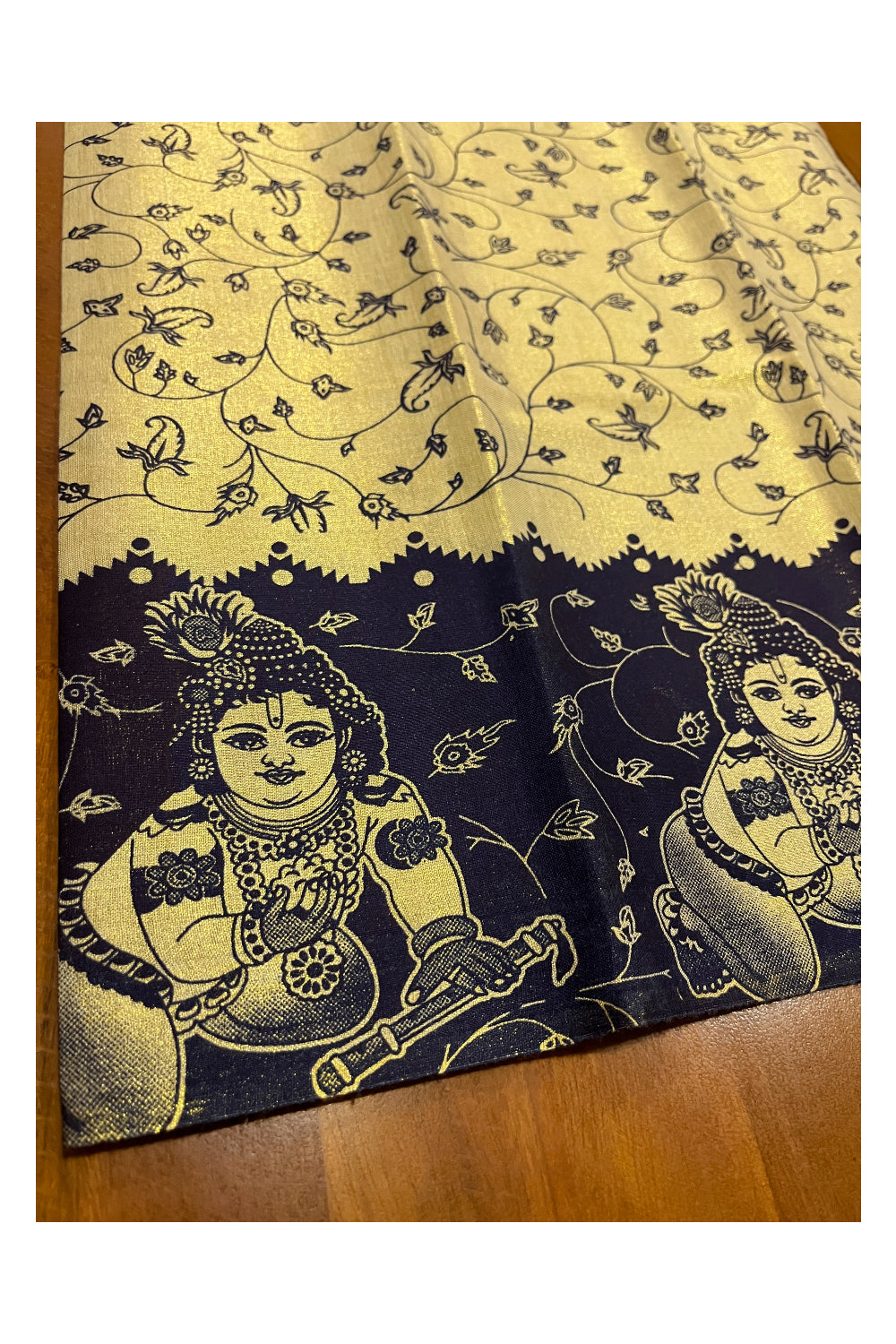 Kerala Tissue Block Printed Pavada and Dark Blue Designer Blouse Material for Kids 3 Meters