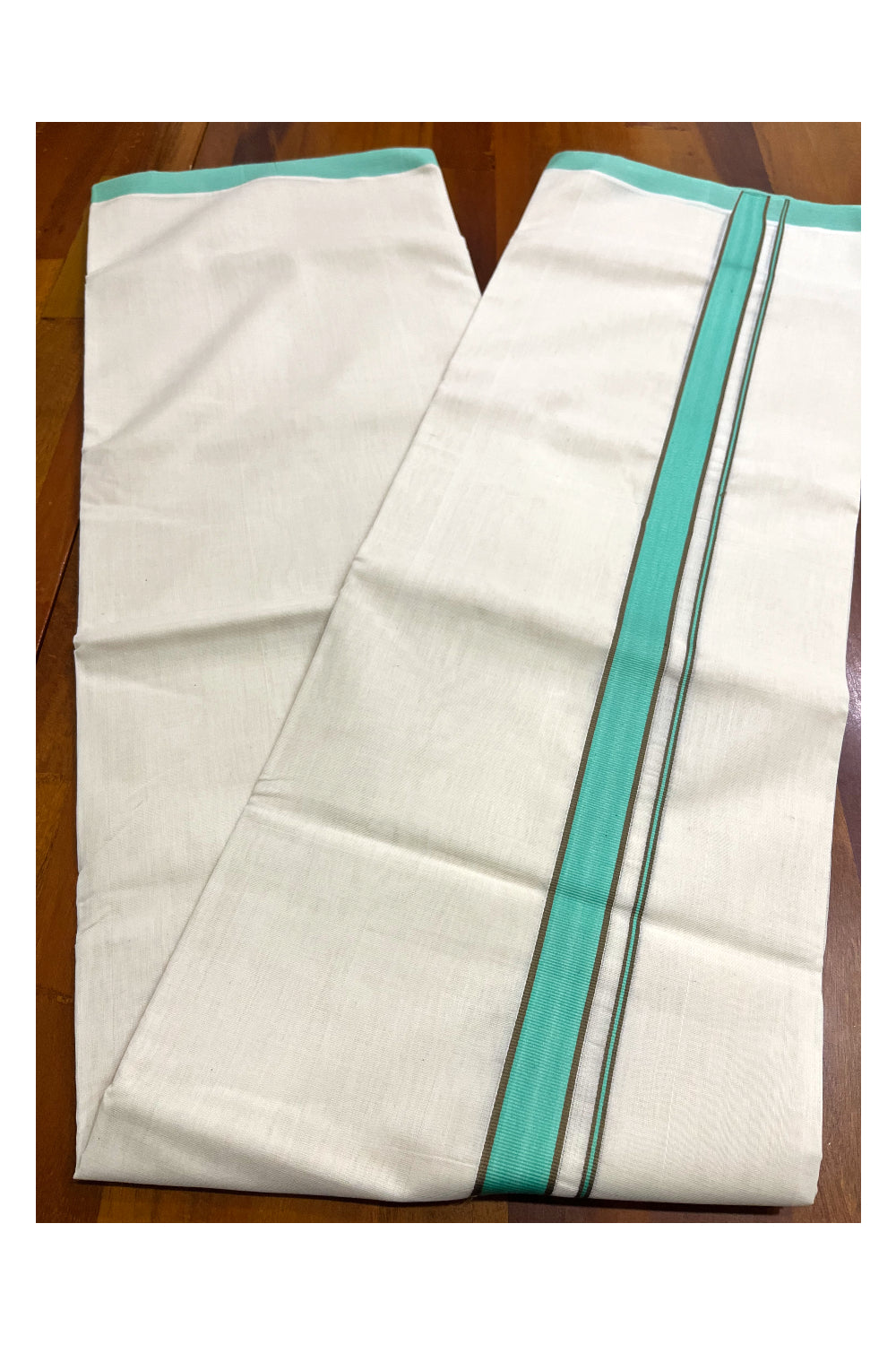 Premium Balaramapuram Handloom Unakkupaavu Cotton Double Mundu with Turquoise Border (Vishu 2024 Collection)