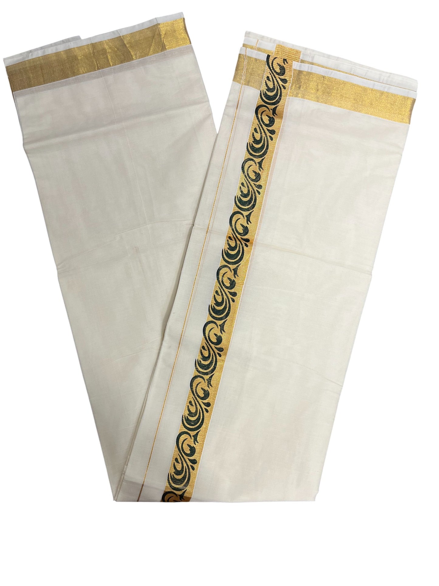 Southloom Kasavu Double Mundu with Green Prints Along Kasavu Kara