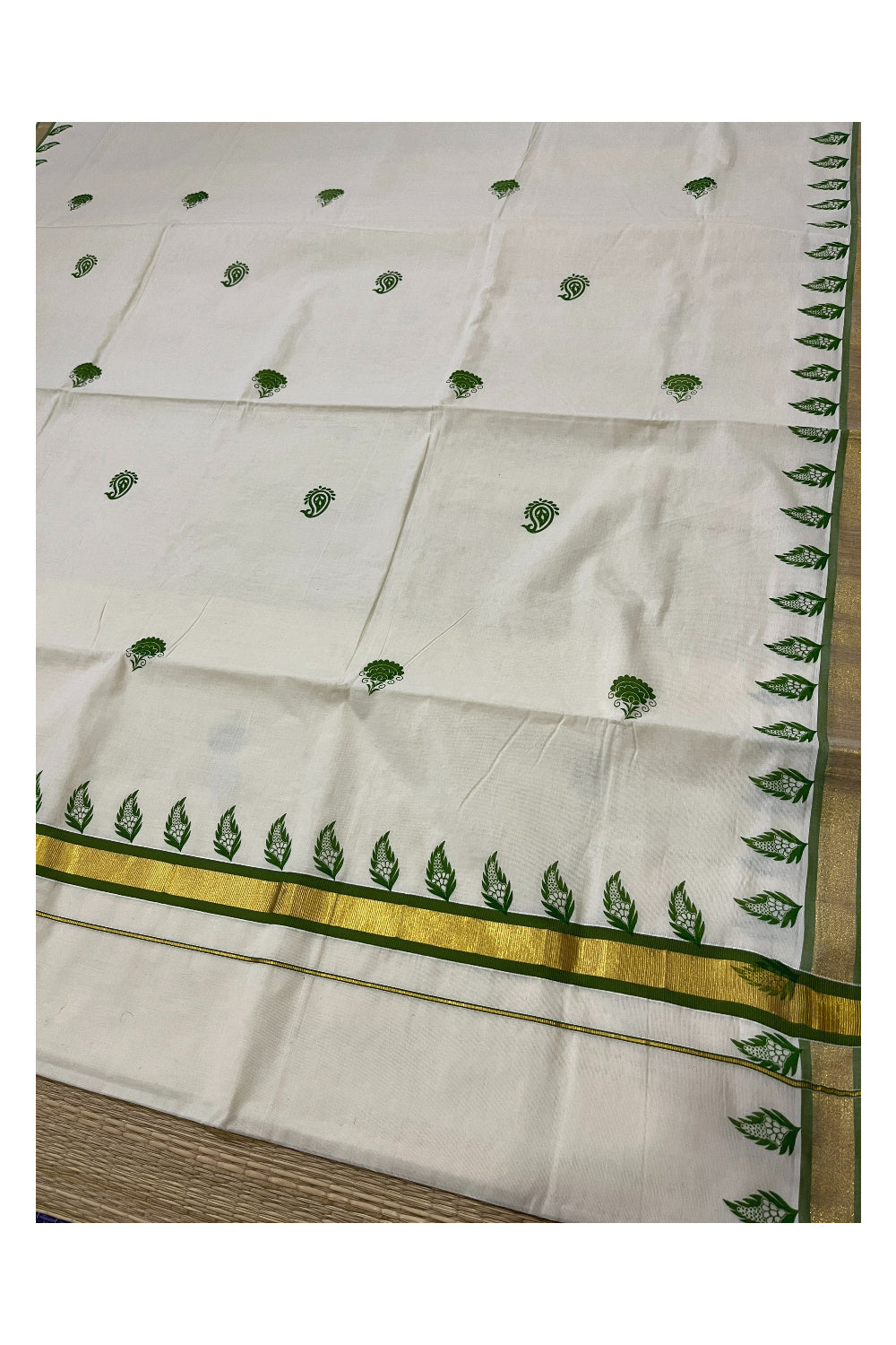 Pure Cotton Kerala Kasavu Saree with Green Floral Block Printed Design