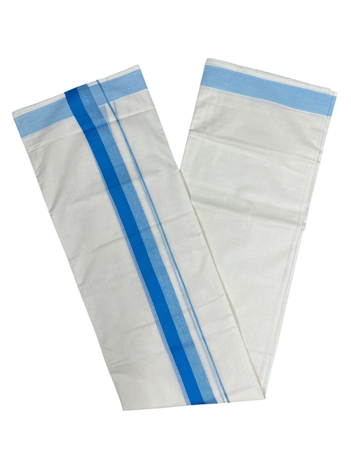 Southloom Kerala Pure Cotton Double Mundu with BLue Lines And Blue Border (South Indian Kerala Dhoti)