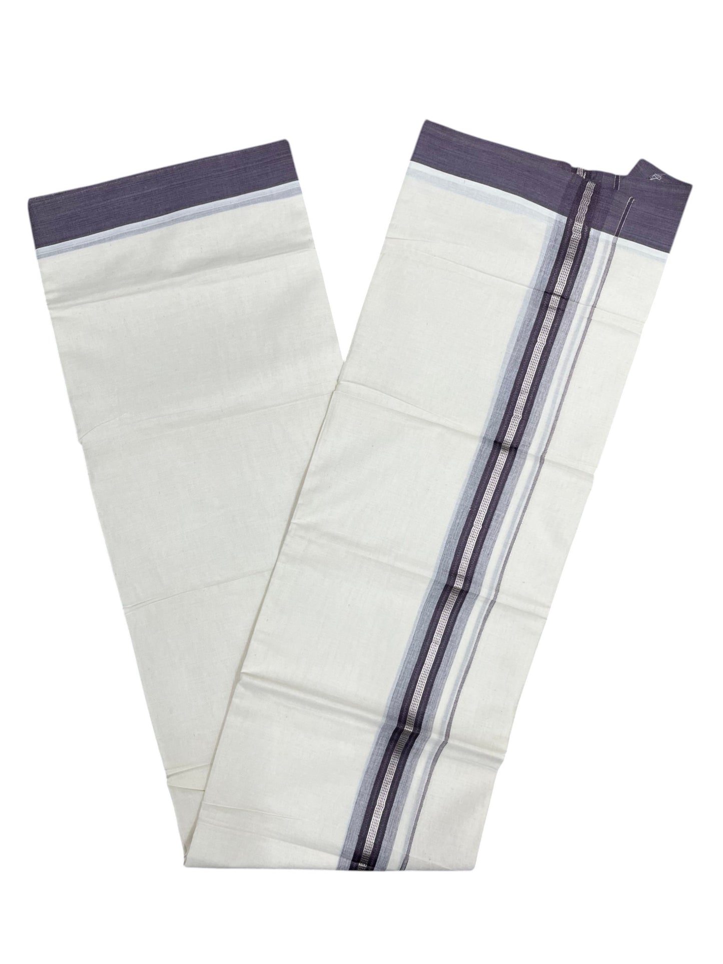 Southloom Kerala Pure Cotton Double Mundu with Silver Lines and Puple Border with (South Indian Dhoti)