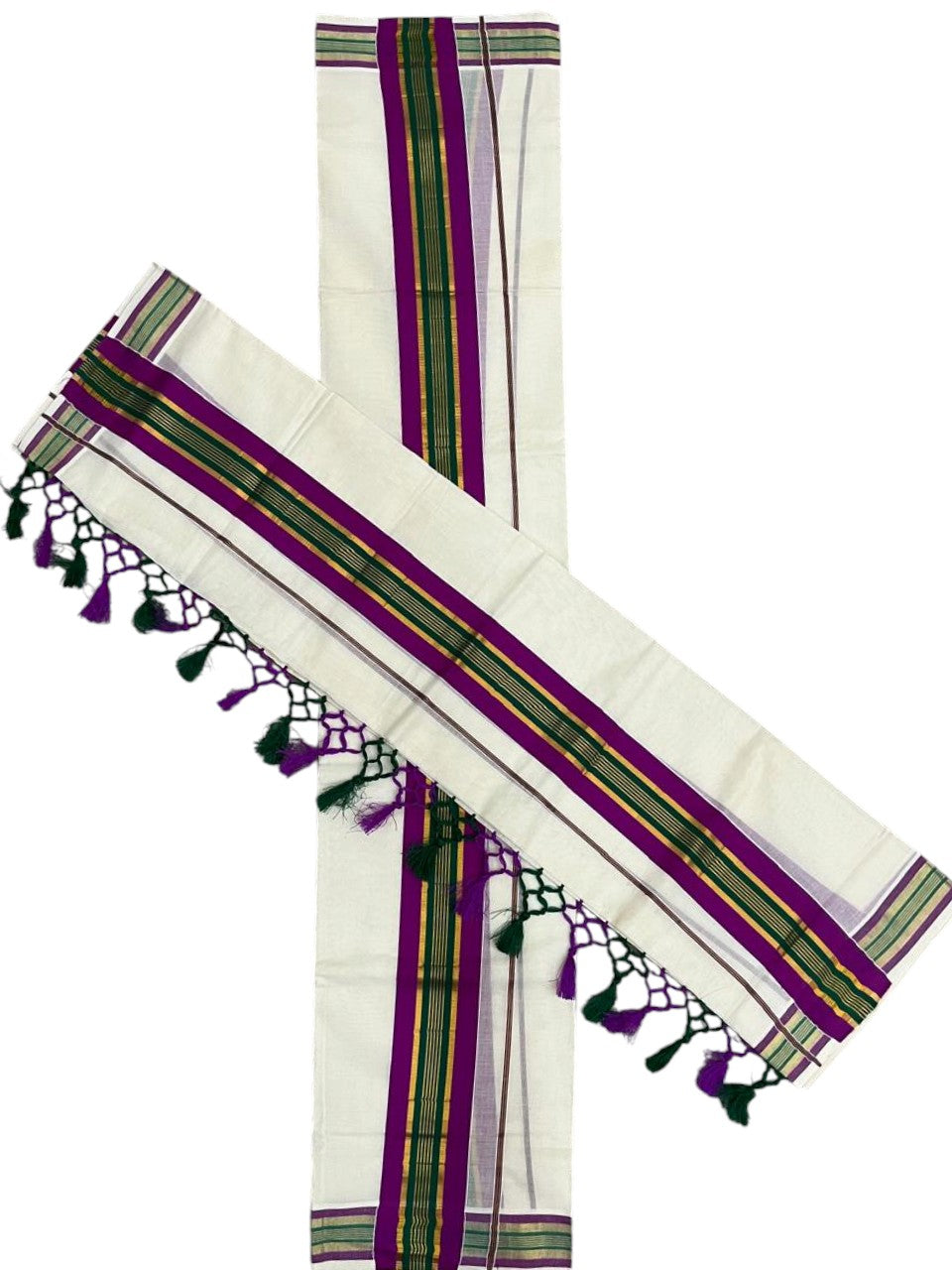 Southloom Kerala Cotton Kasavu Single Set Mundu (Mundum Neriyathum) with Magenta and Green Border SLKK SL518