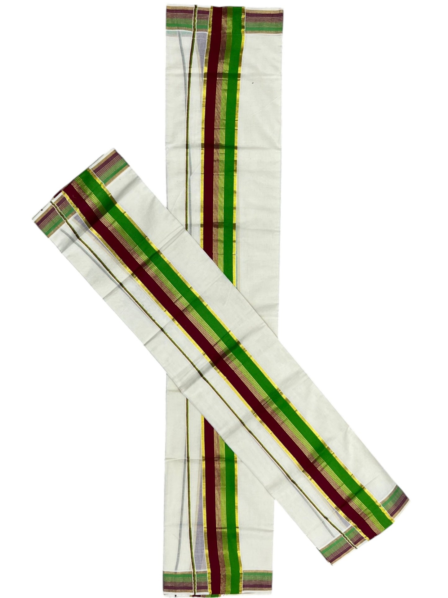 Southloom Kerala Cotton Kasavu Single Set Mundu (Mundum Neriyathum) with Green and Maroon Kasavu Border SLKK