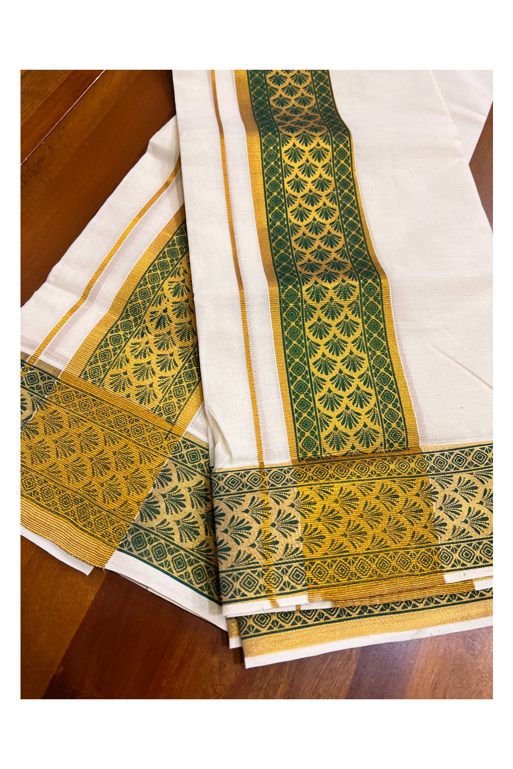 Kerala Pure Cotton Set Mundu Single (Mundum Neriyathum) with Green Block Prints on Kasavu Border