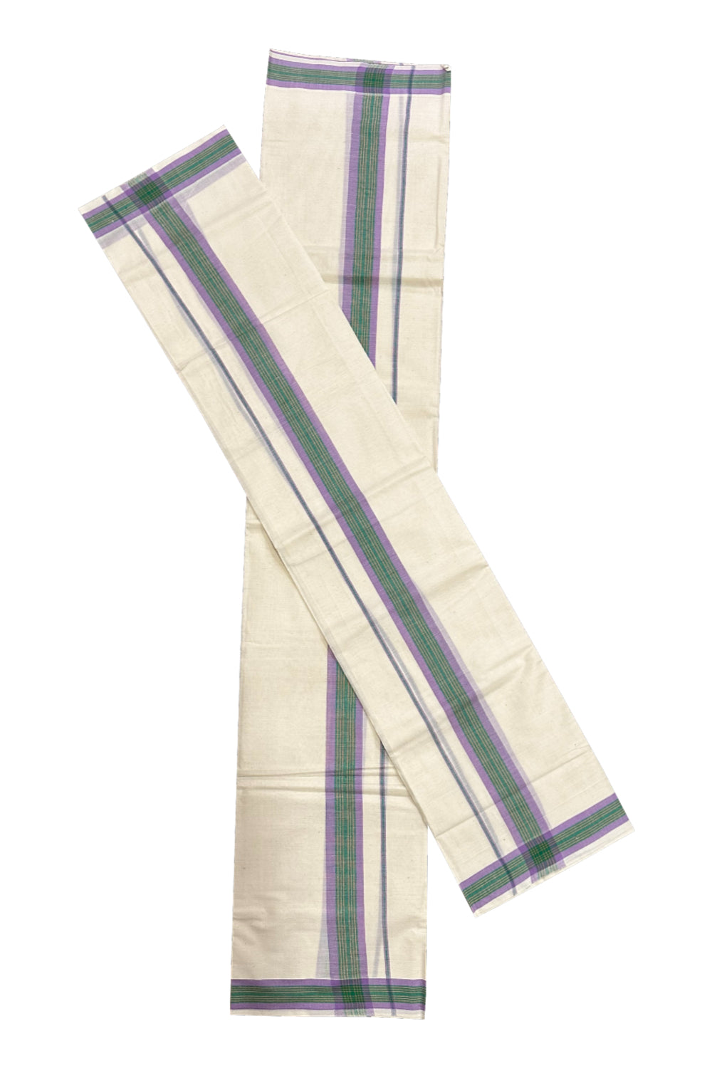 Kerala Mulloth Soft Cotton Mundum Neriyathum Single with Violet and Green Border (Onam Set Mundu 2023)