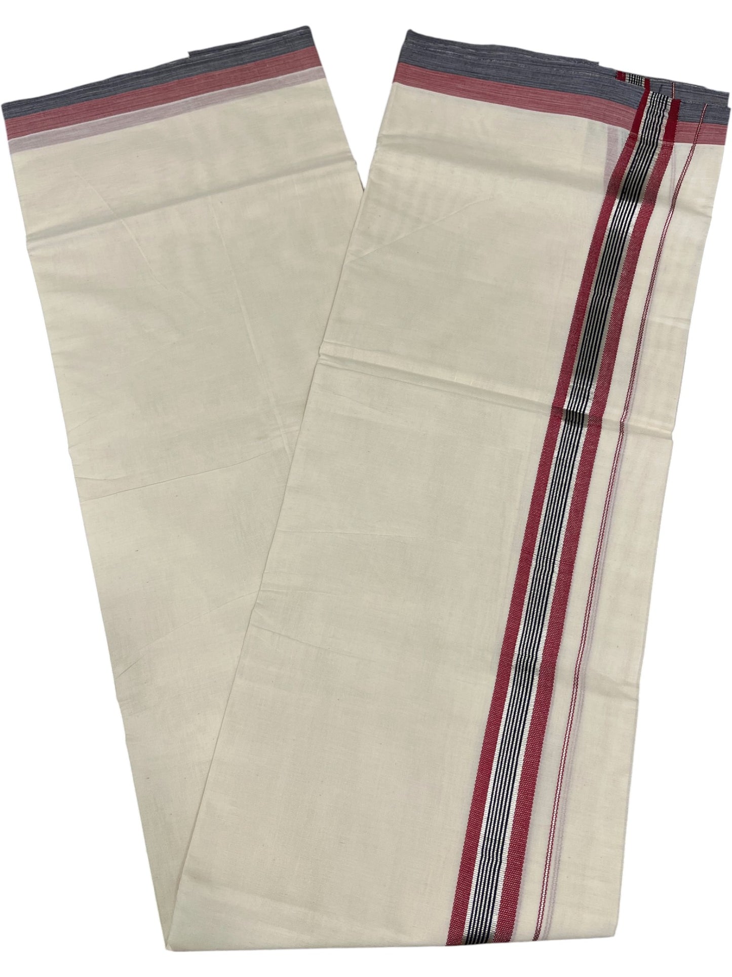 Southloom Kerala Pure Cotton Double Mundu with Grey And Maroon Silver Lines Border (South Indian Dhoti)
