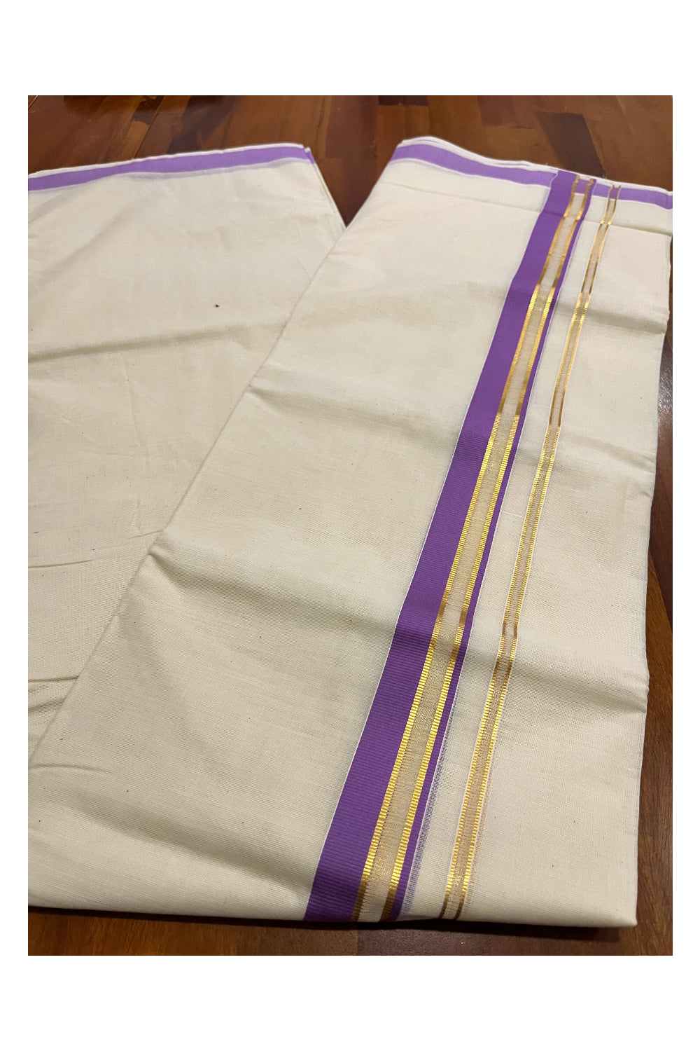 Kerala Pure Cotton Double Mundu with Violet and Kasavu Border (South Indian Kerala Dhoti)