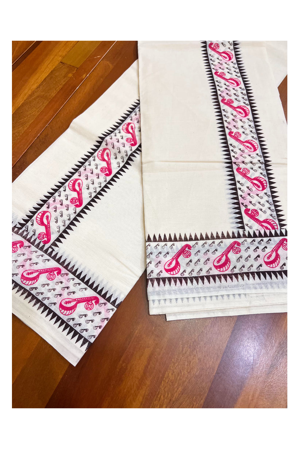 Kerala Pure Cotton Single Set Mundu (Mundum Neriyathum) with Dark Pink Block Prints on Black Temple Border