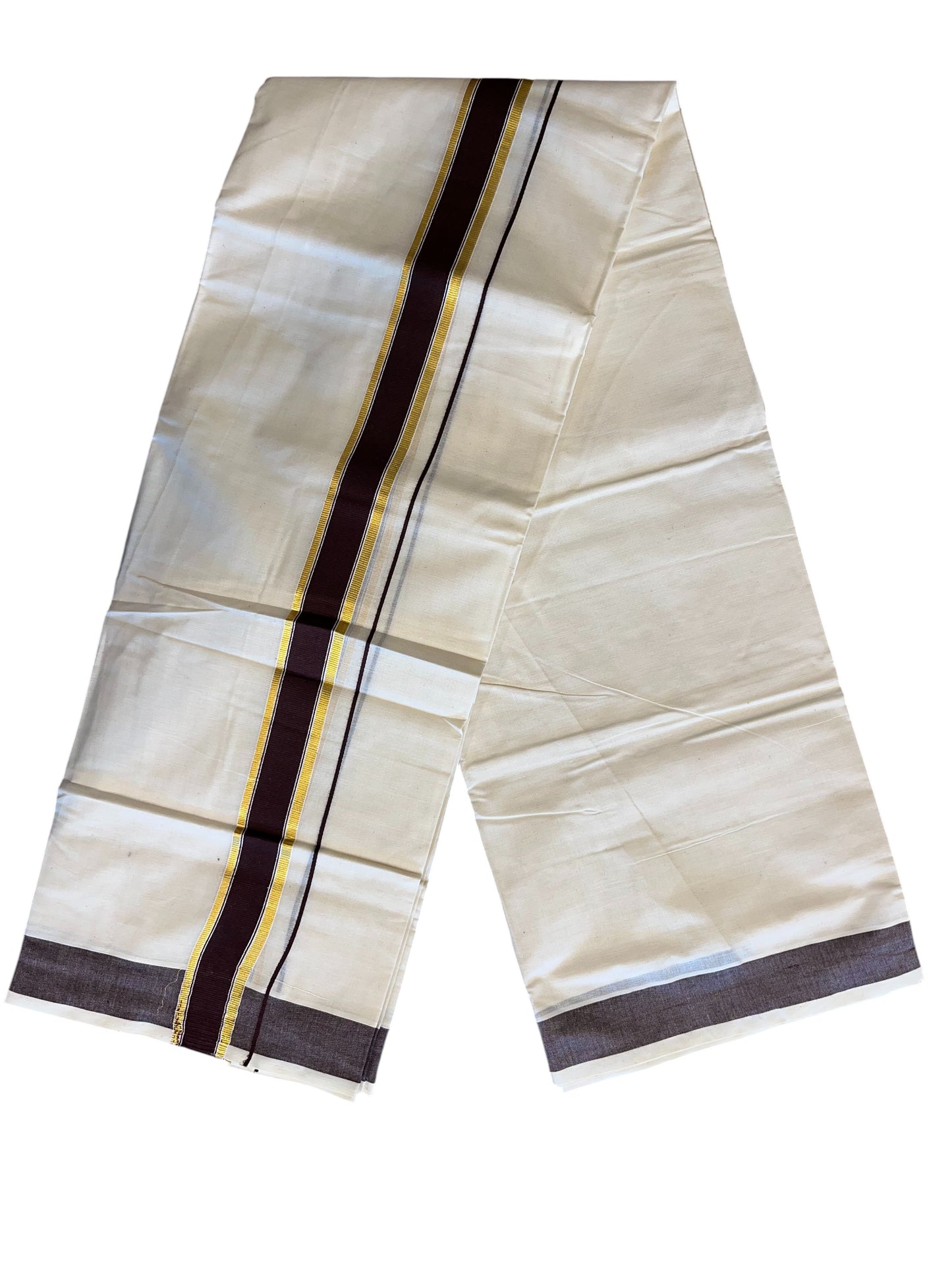Southloom Pure Cotton Mundu with Gold Kasavu and Brown  Colour Border (South Indian Kerala Dhoti)