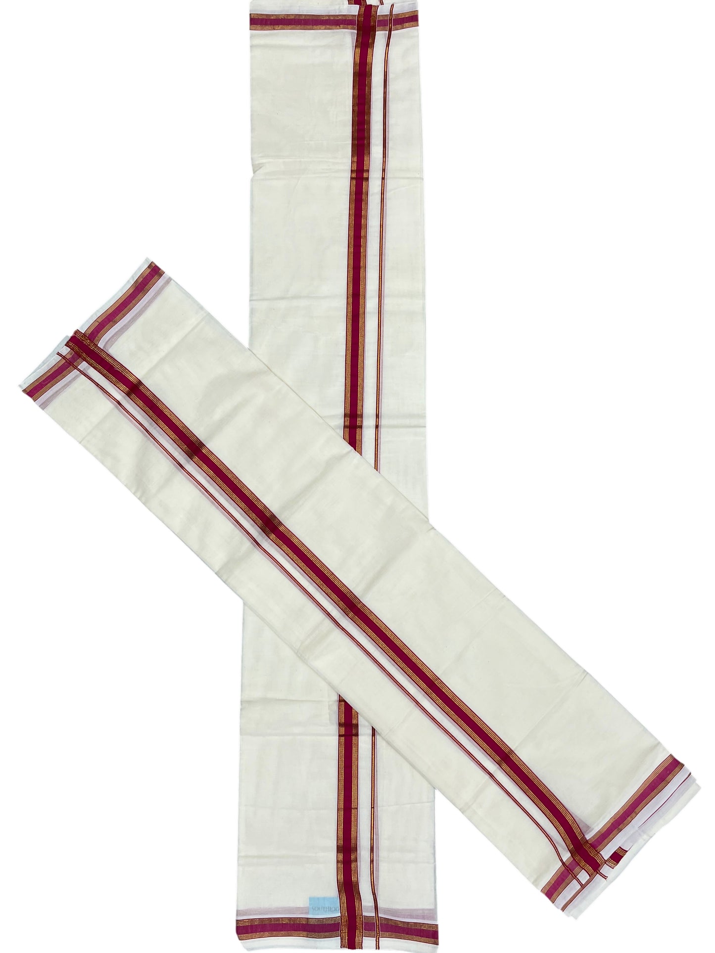 Southloom Pure Cotton Kerala Single Set Mundu (Mundum Neriyathum) with Magenta Kasavu Border in 2.80 Mtrs