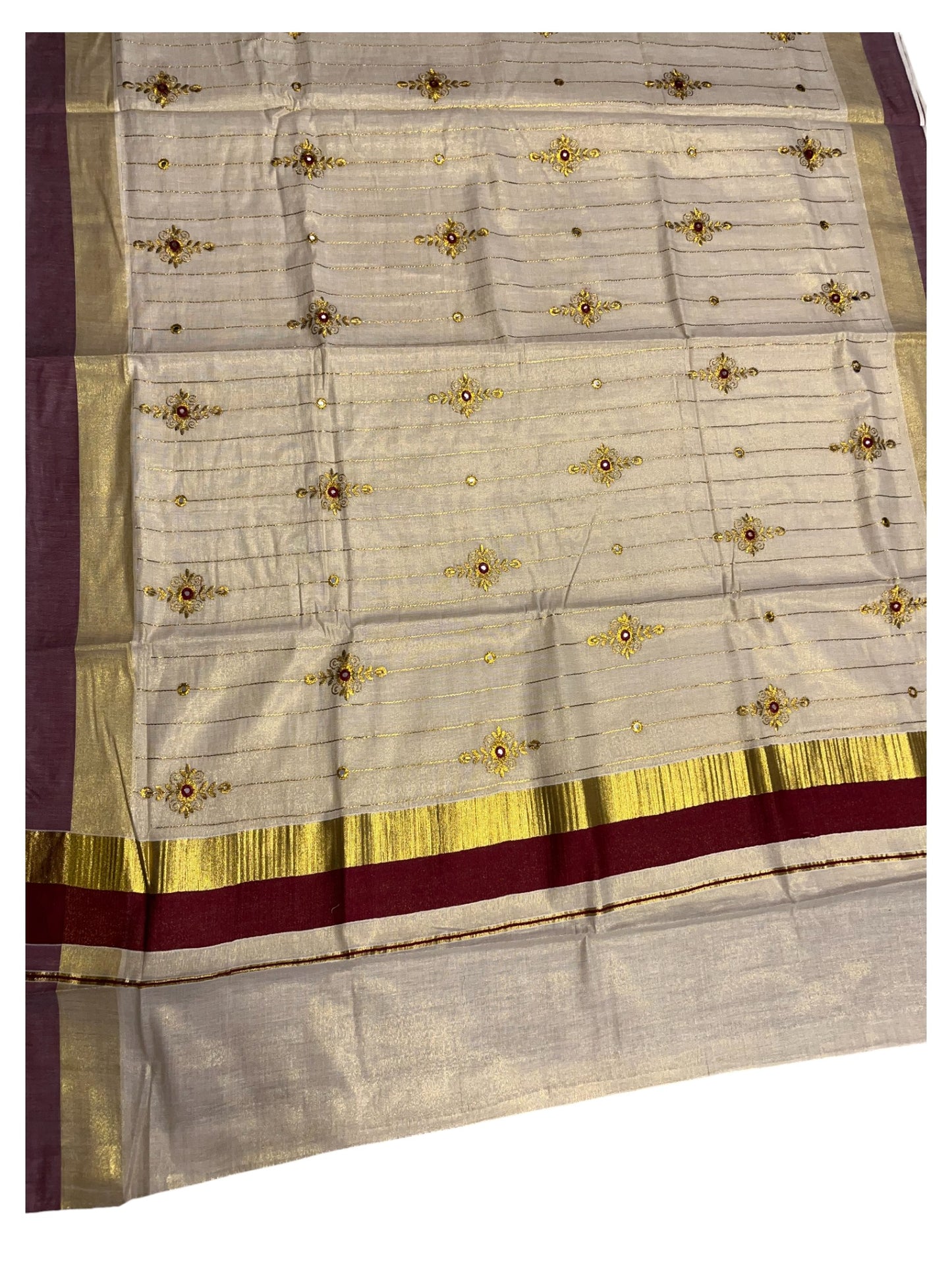Kerala Tissue Kasavu Lines Saree with Golden And Maroon Embroidery Works