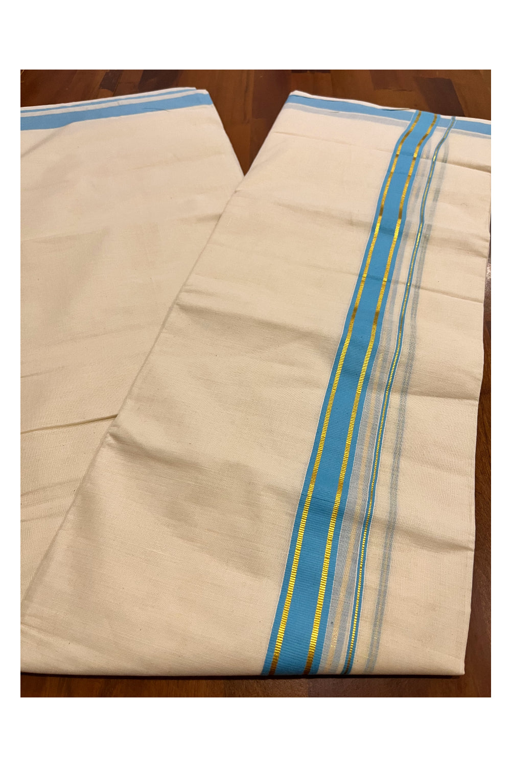 Pure Cotton Mundu with Blue and Kasavu Border (South Indian Kerala Dhoti)